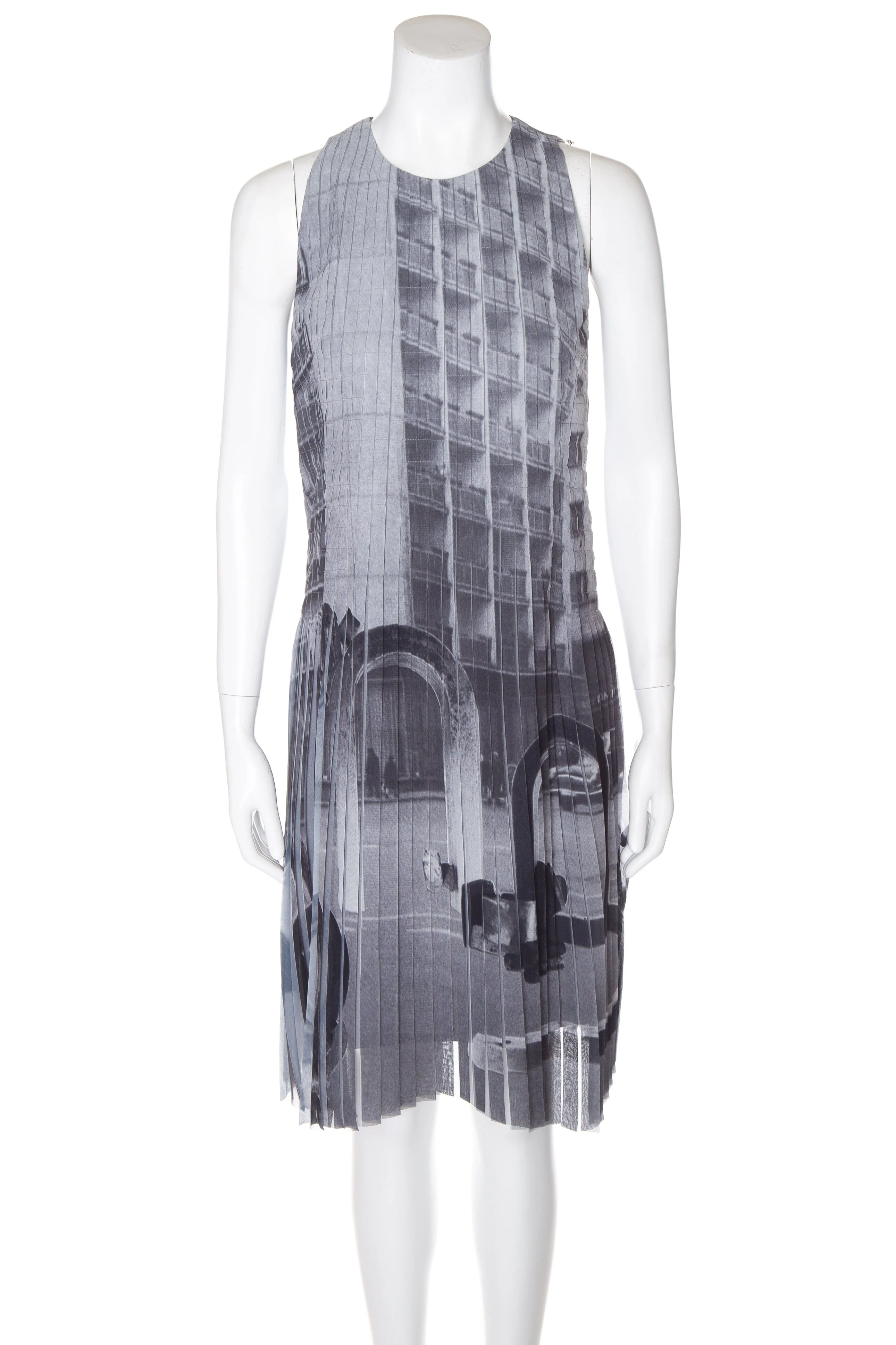 Akris Grey and White Church Print Pleated Sleeveless Midi Dress SZ 2