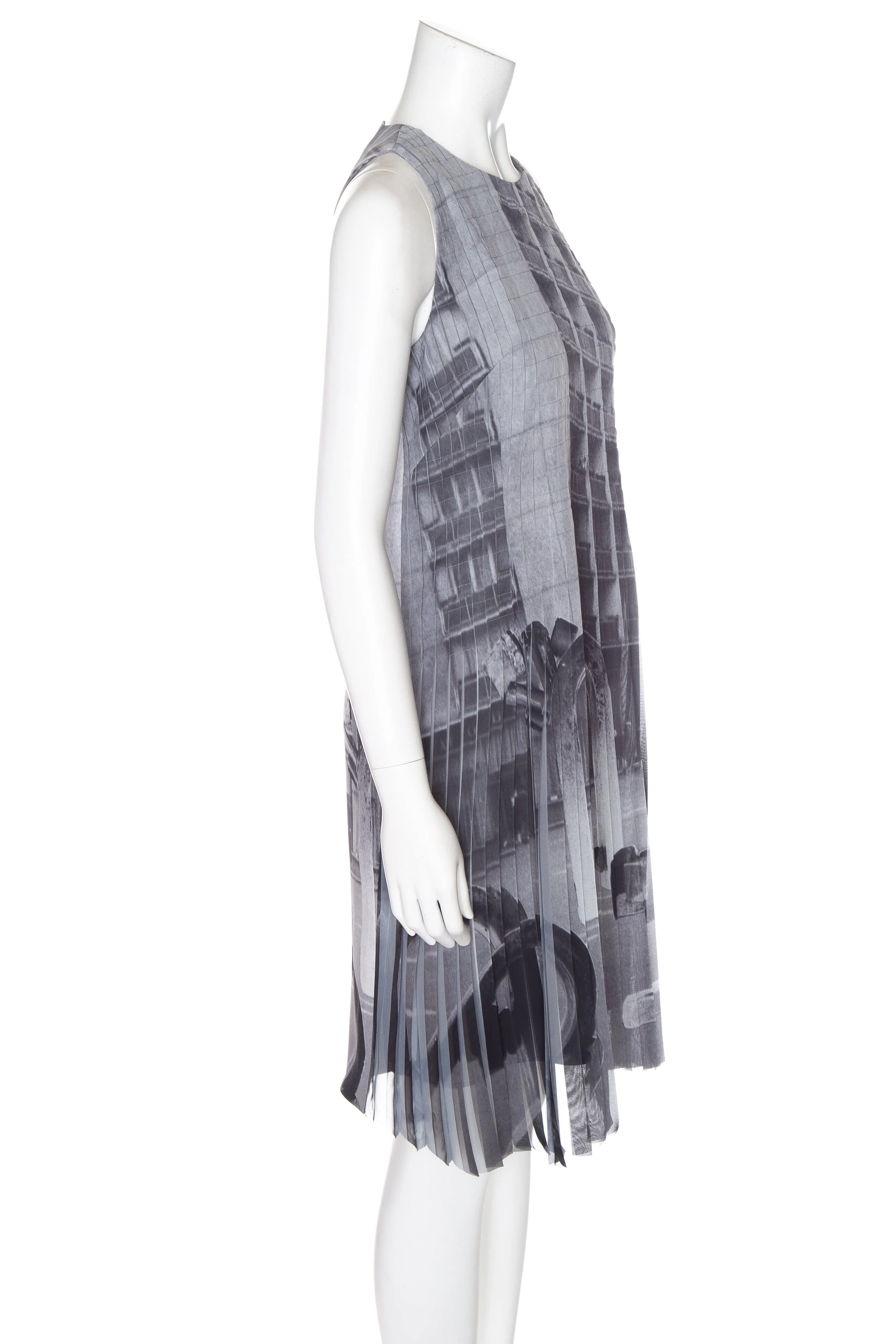 Akris Grey and White Church Print Pleated Sleeveless Midi Dress SZ 2 - Image 2
