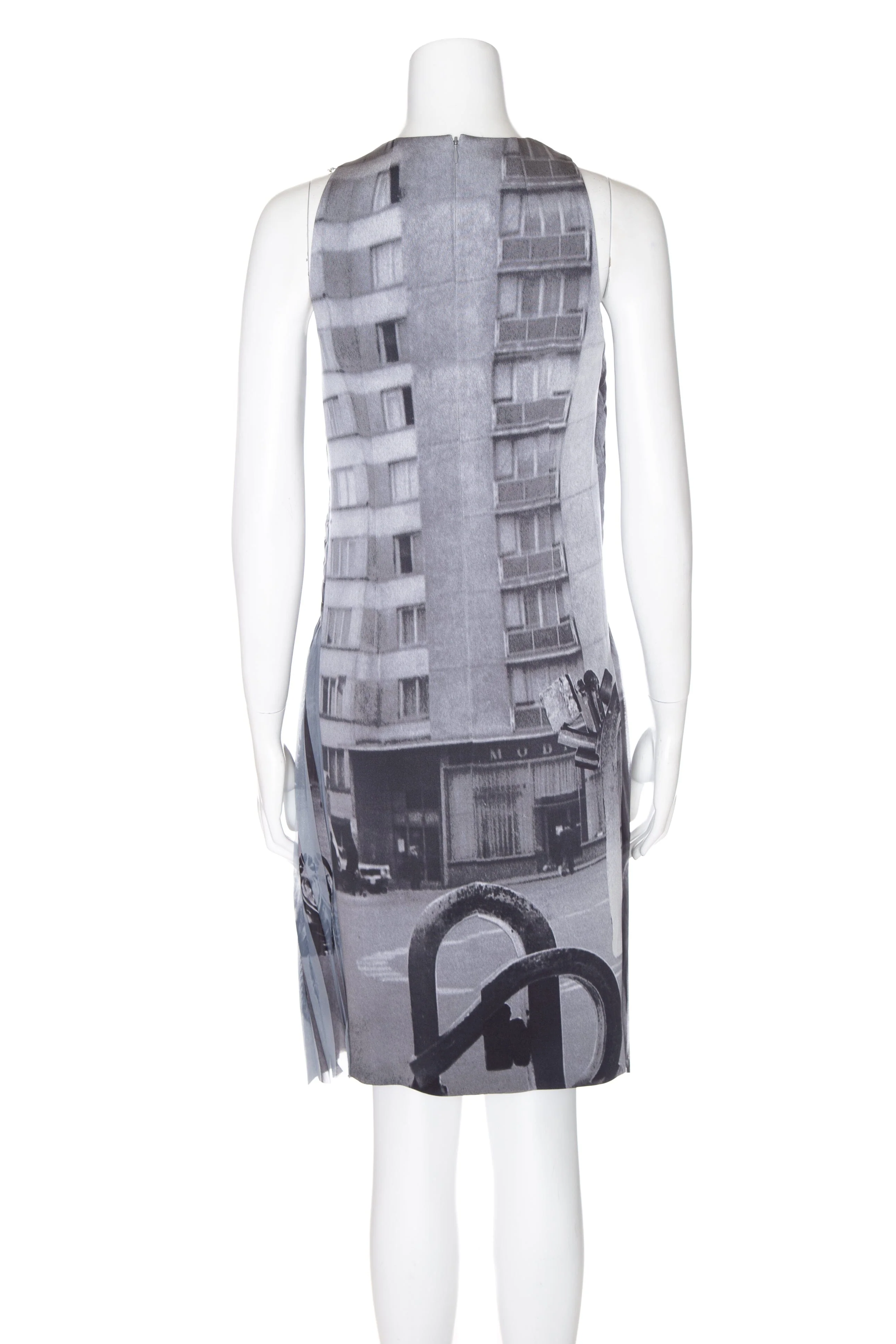 Akris Grey and White Church Print Pleated Sleeveless Midi Dress SZ 2 - Image 3