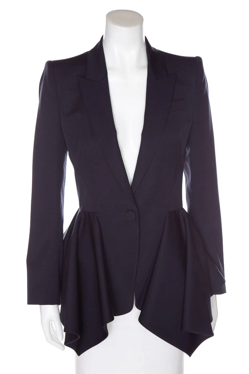 Alexander McQueen Navy Peplum Style Single Button Blazer SZ 38