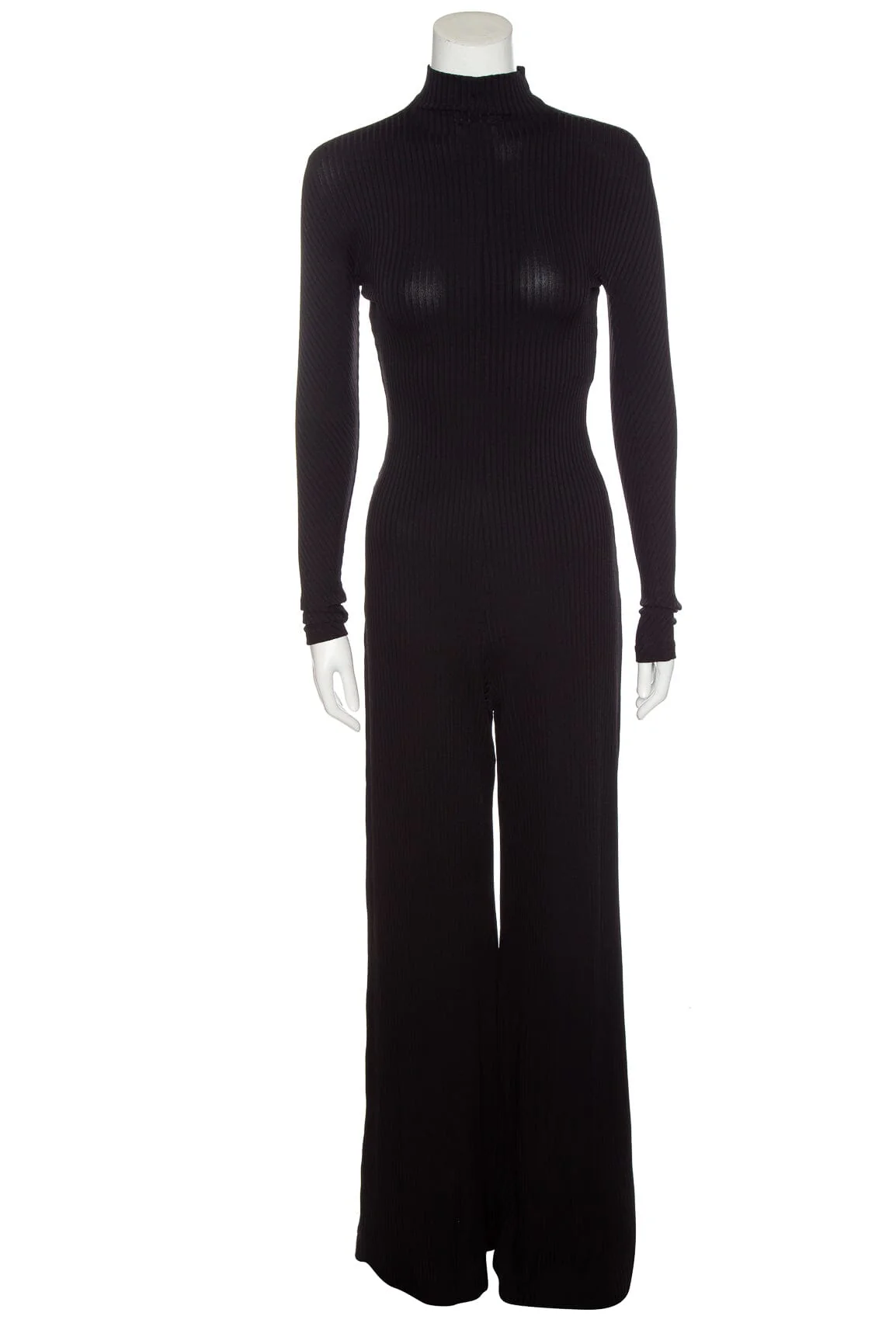 Balenciaga 2023 Black Ribbed Mock Neck Wide Leg Jumpsuit SZ 38
