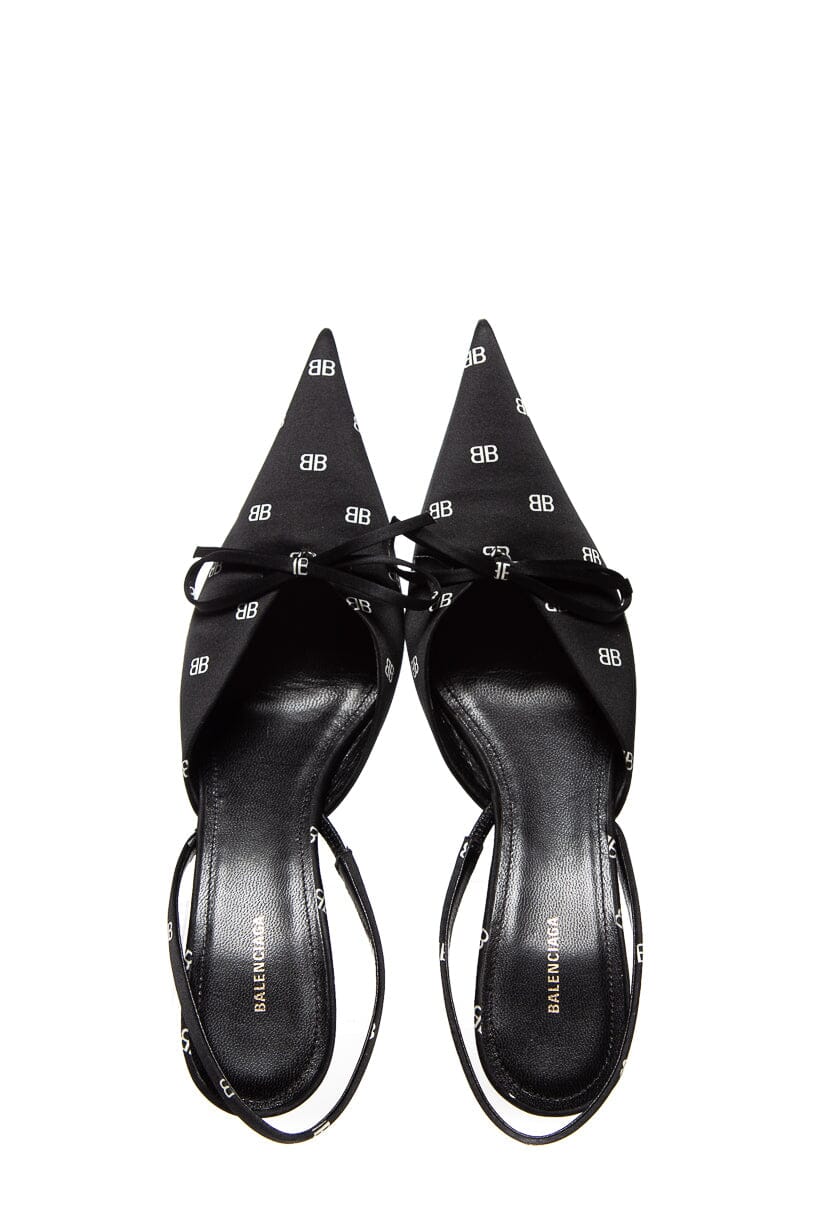 Balenciaga Black & White Satin Logo Slingback Heels SZ 36 - Image 2