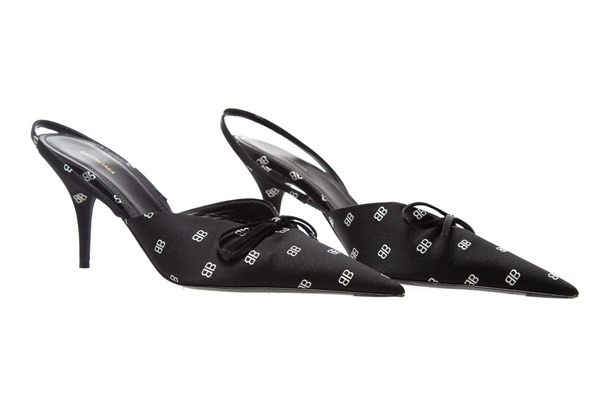 Balenciaga Black & White Satin Logo Slingback Heels SZ 36 - Image 3