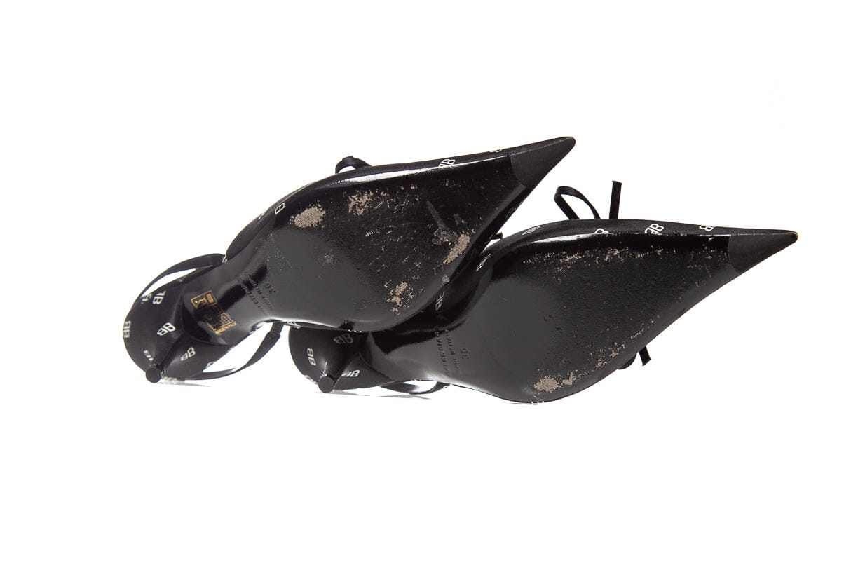 Balenciaga Black & White Satin Logo Slingback Heels SZ 36 - Image 5