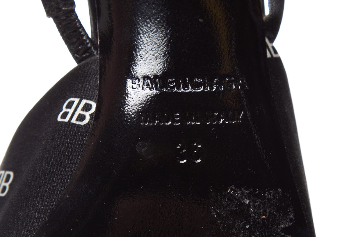Balenciaga Black & White Satin Logo Slingback Heels SZ 36 - Image 6