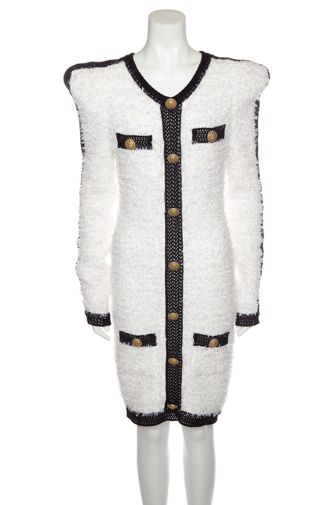 Balmain White and Black Tweed Knee Length Dress SZ 42