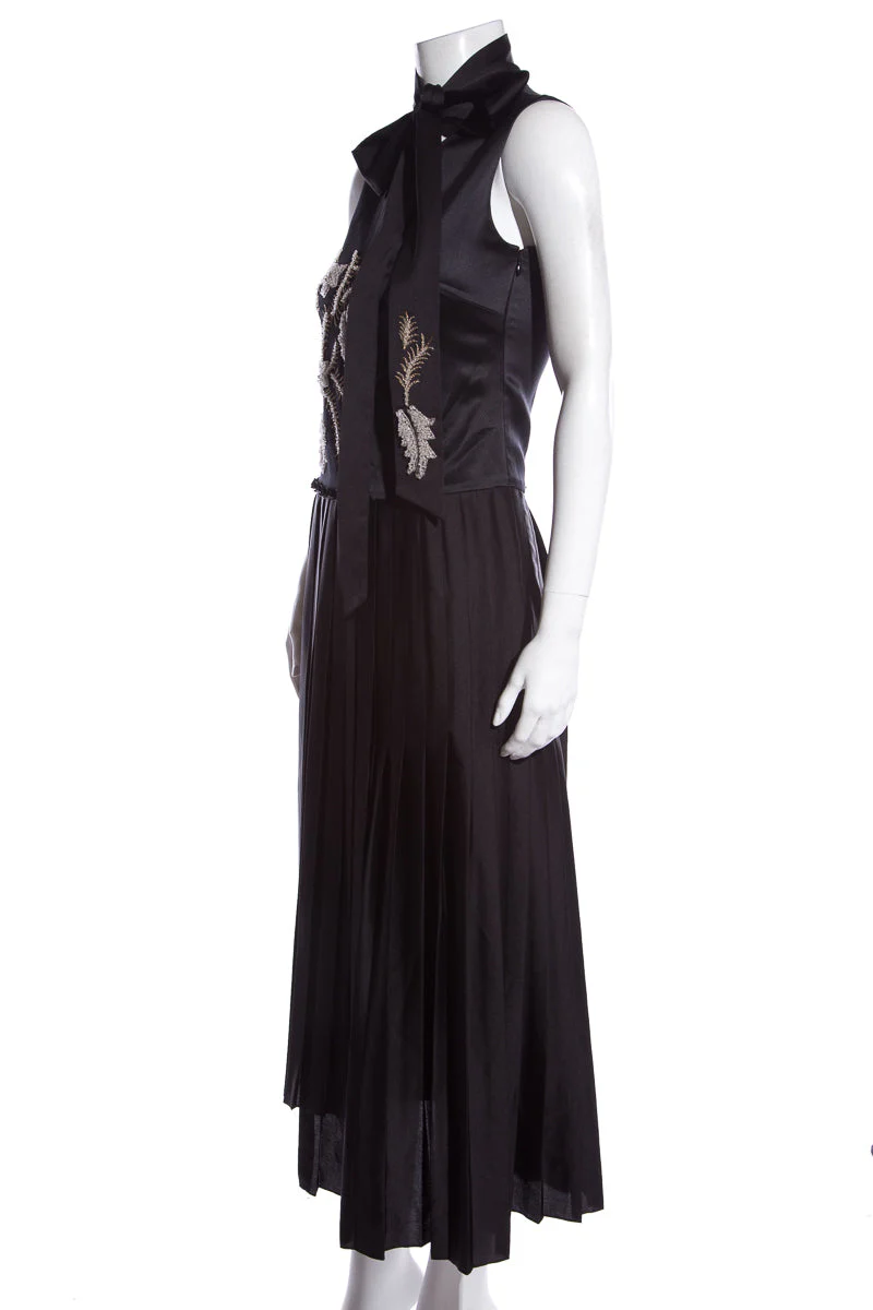 Burberry Black Satin Embellished Pleated Dress SZ 2 - Image 4