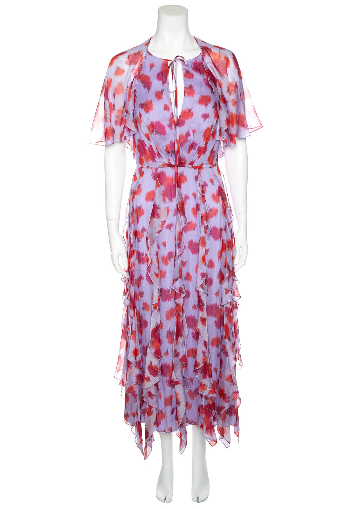 Carolina Herrera Lilac and Red Butterfly Sleeve Cascading Ruffle Maxi Dress SZ 4