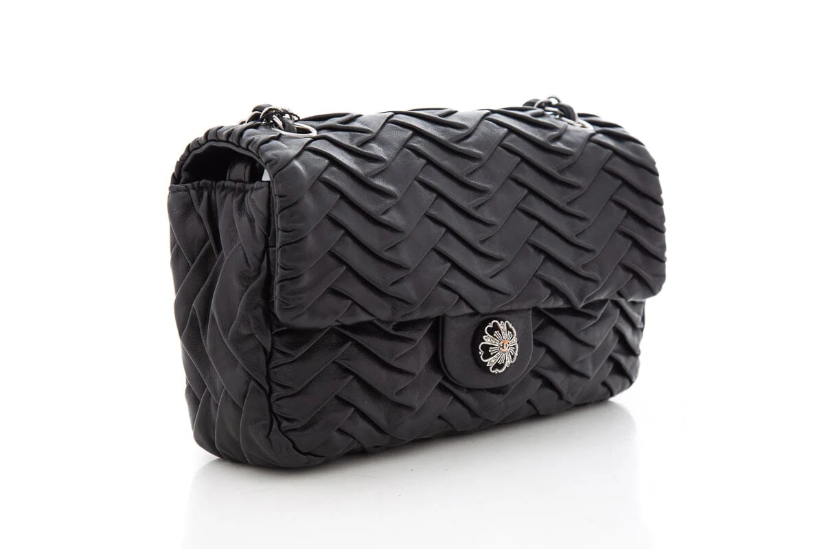 Chanel 2008 Black Lambskin Pleated Leather Single Flap Handbag - Image 3