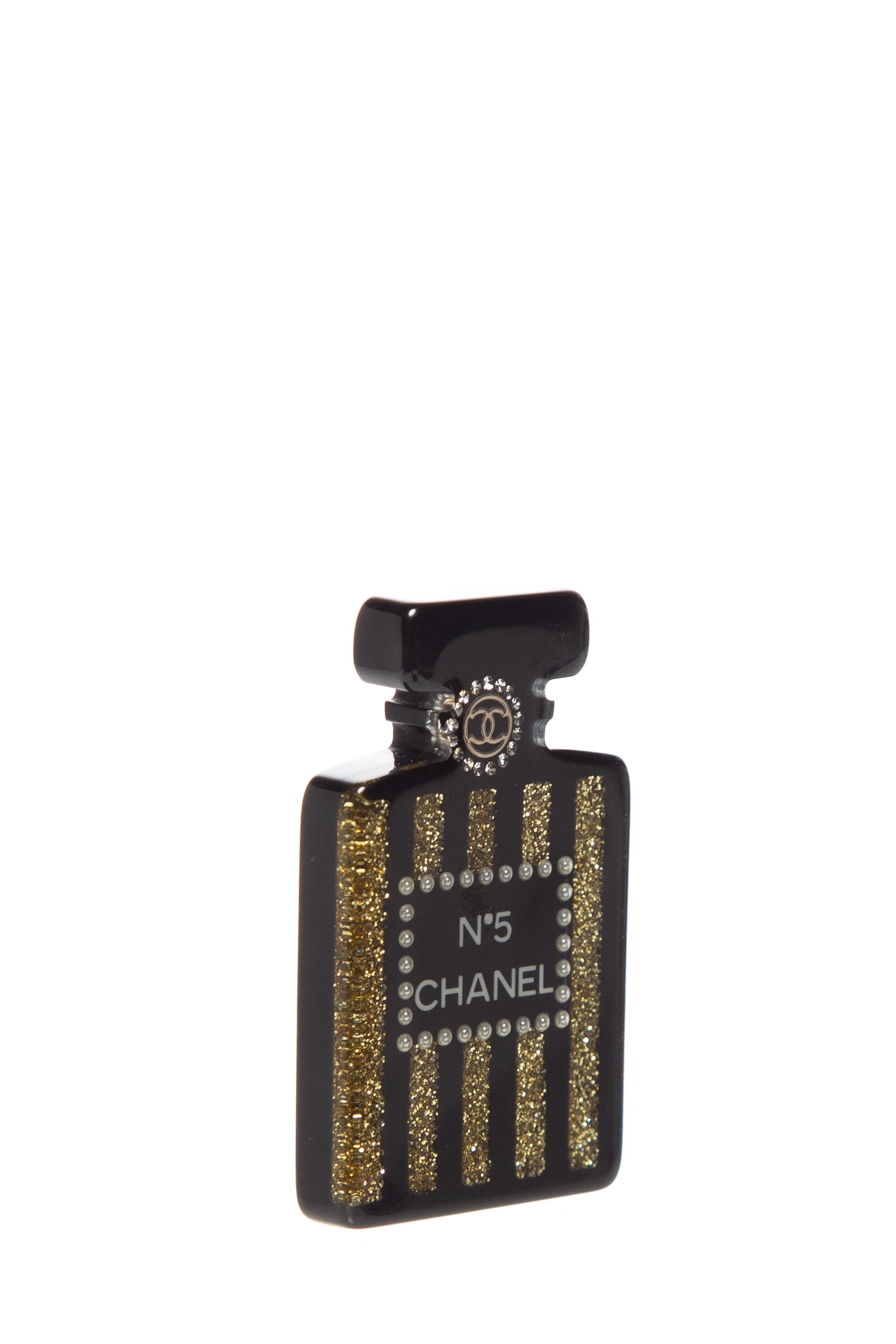Chanel 2017 Black and Gold N5 Perfume Bottle Pin - Image 2