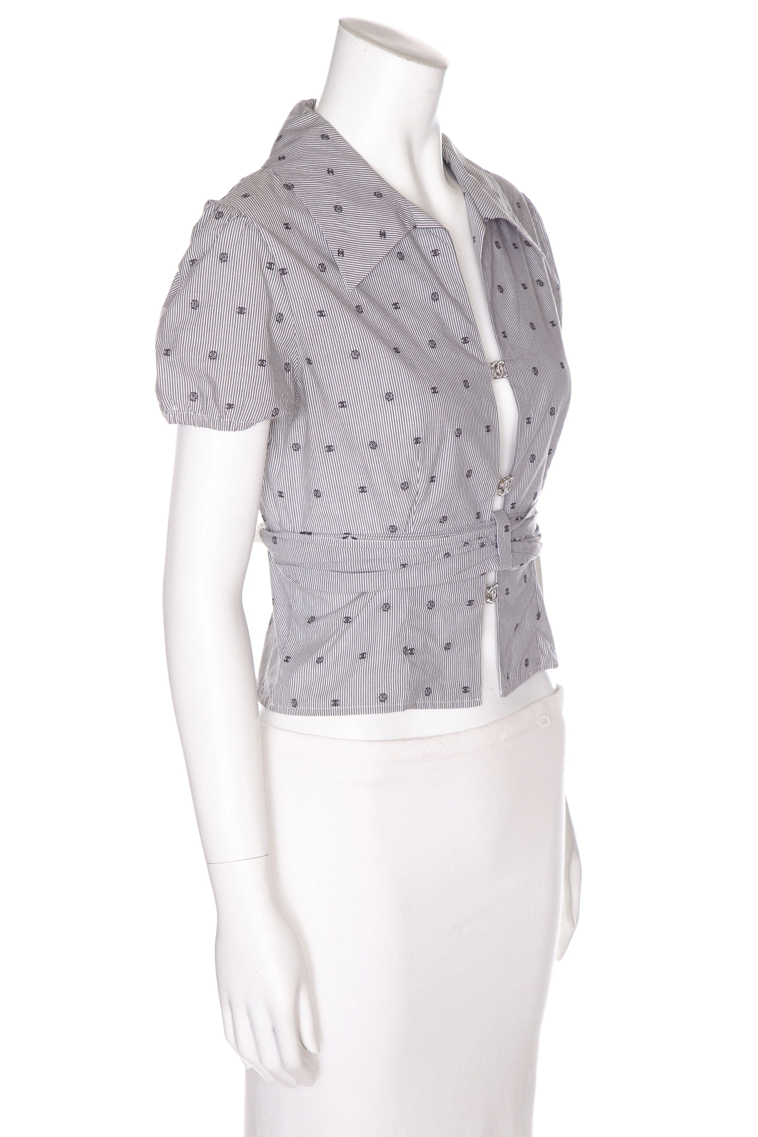 Chanel 2024 Grey and White Pinstripe Print Shirt SZ 38 - Image 2