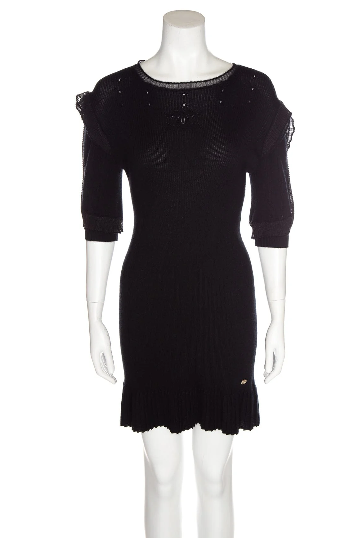Chanel Black Knit Ruffle Sleeve Mini Dress SZ 40