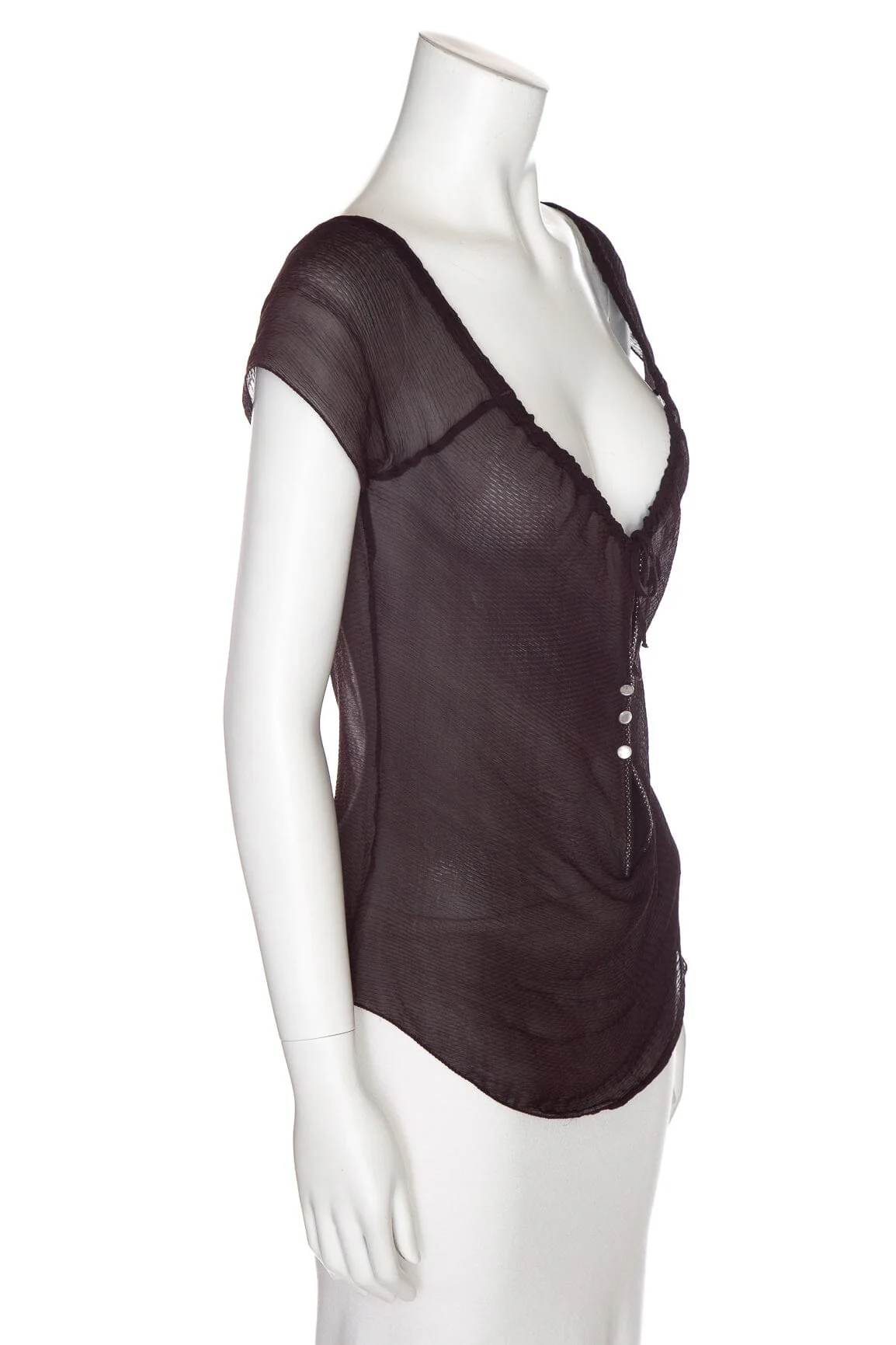 Chanel Burgundy Silk Sheer V-Neck Top SZ 38 - Image 2