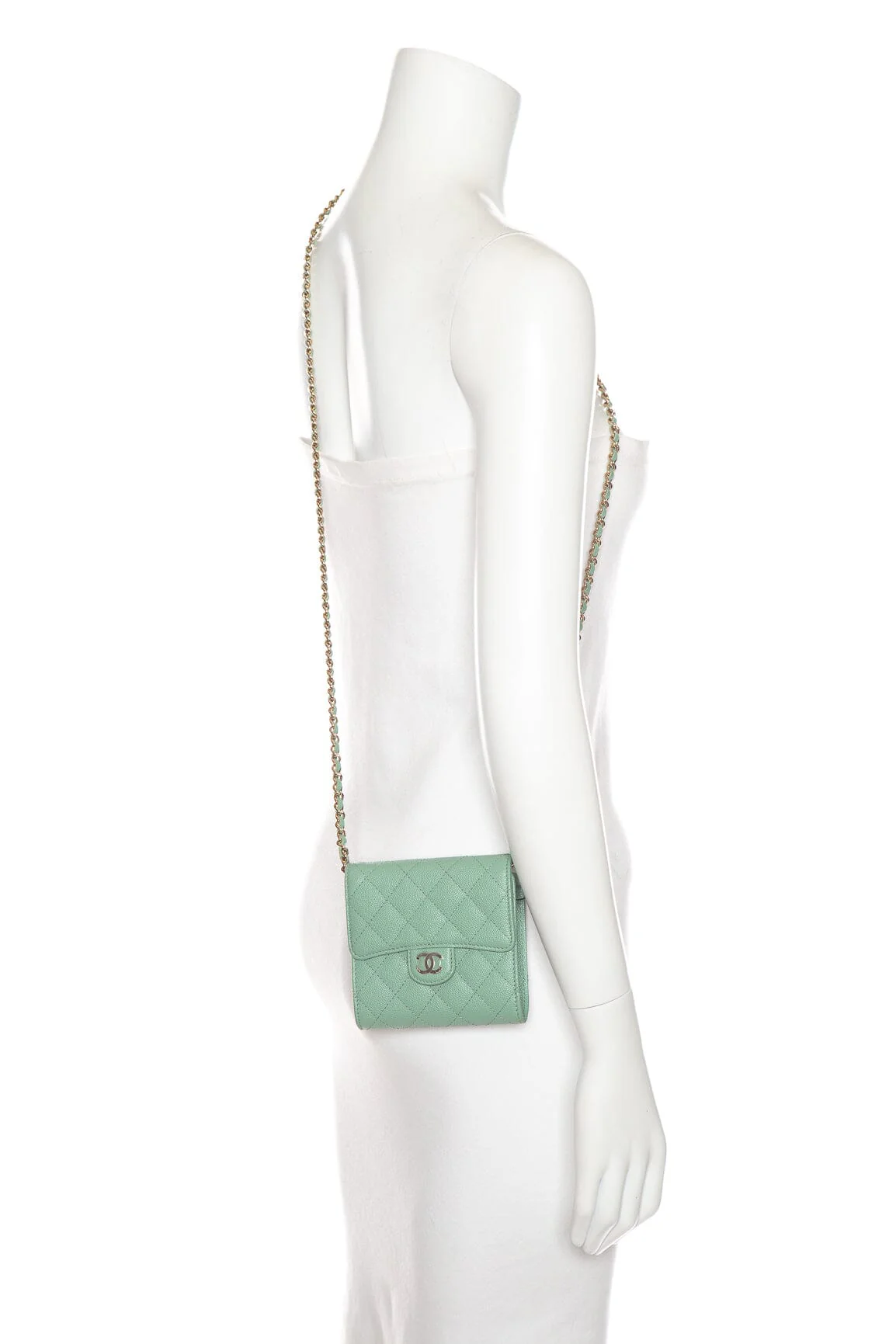 Chanel Mint Green Caviar Leather Card Holder on a Chain - Image 2