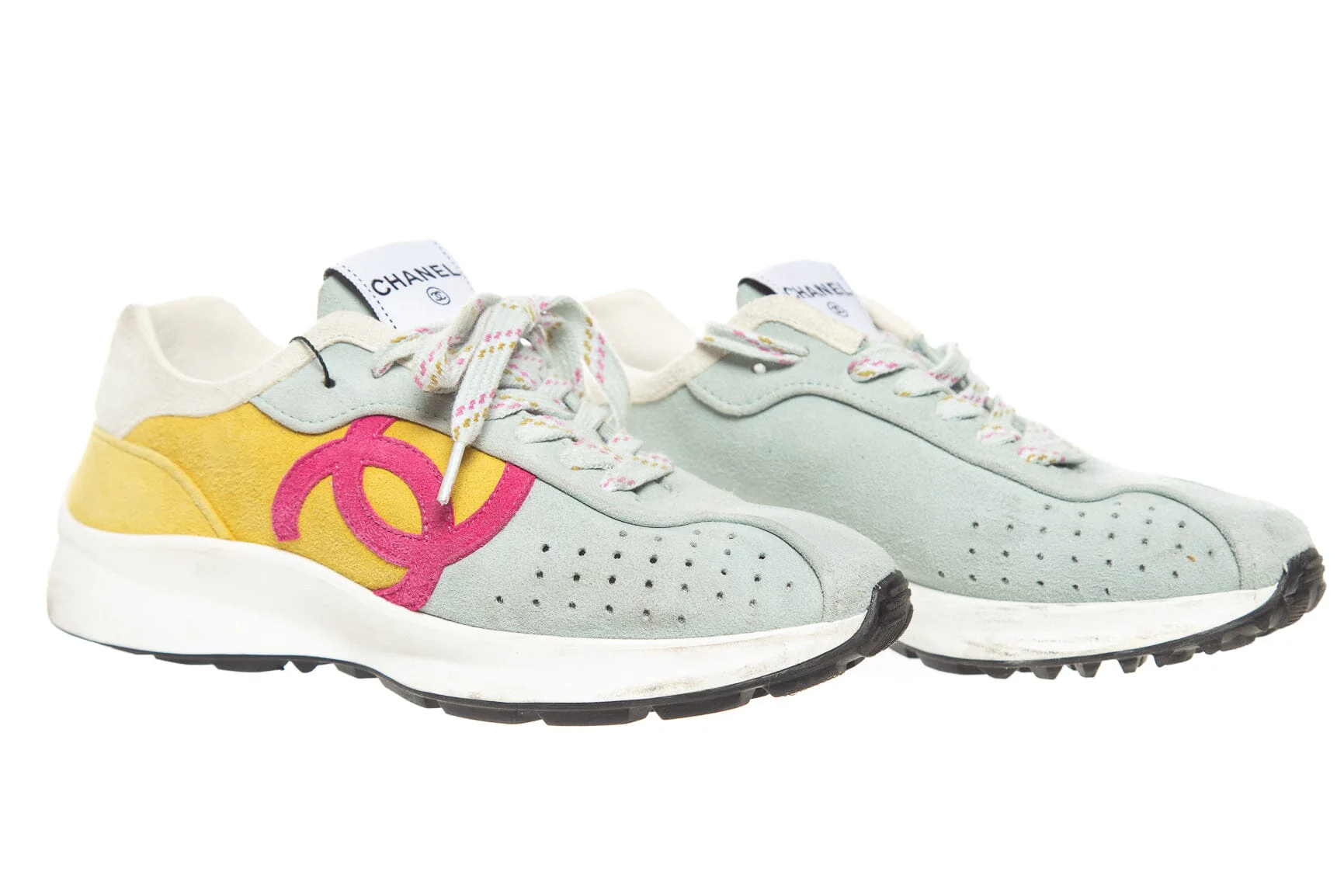Chanel Multicolor Suede CC Lace Up Sneakers SZ 35.5 - Image 3
