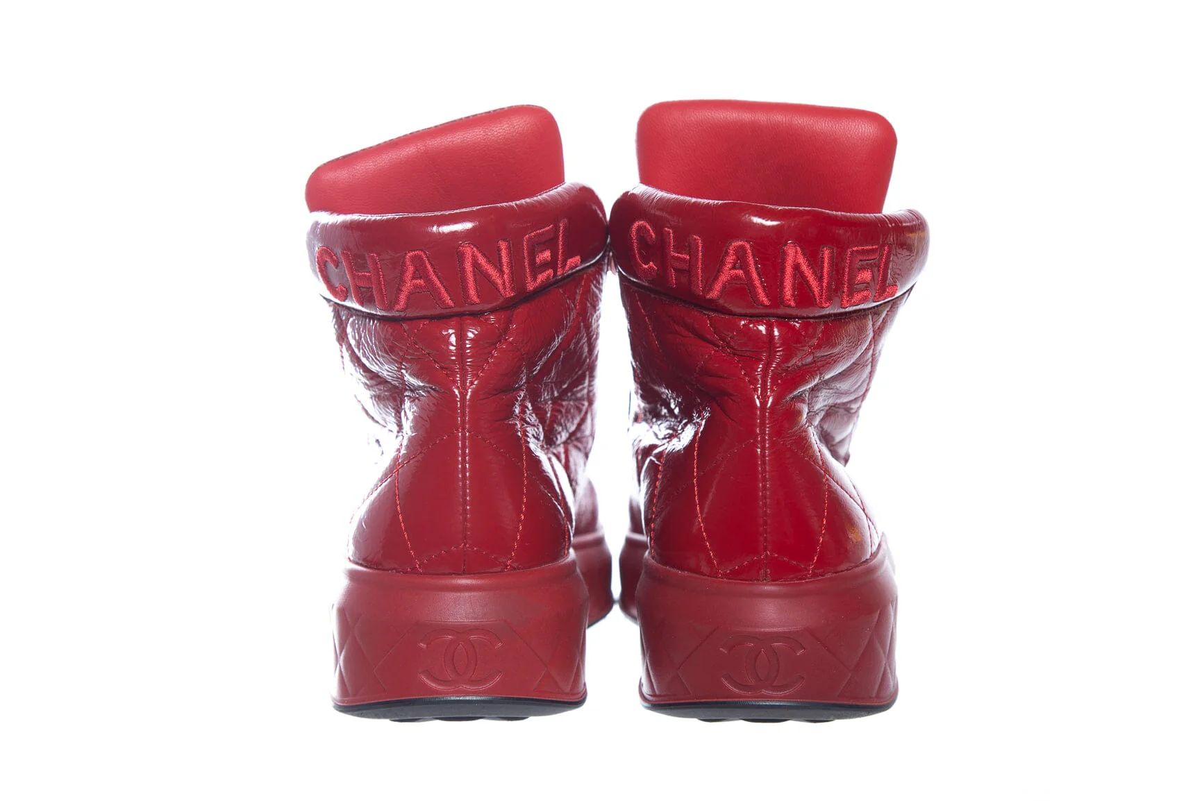 Chanel Red Patent Leather Quilted High Top Sneakers SZ 35.5 - Image 4