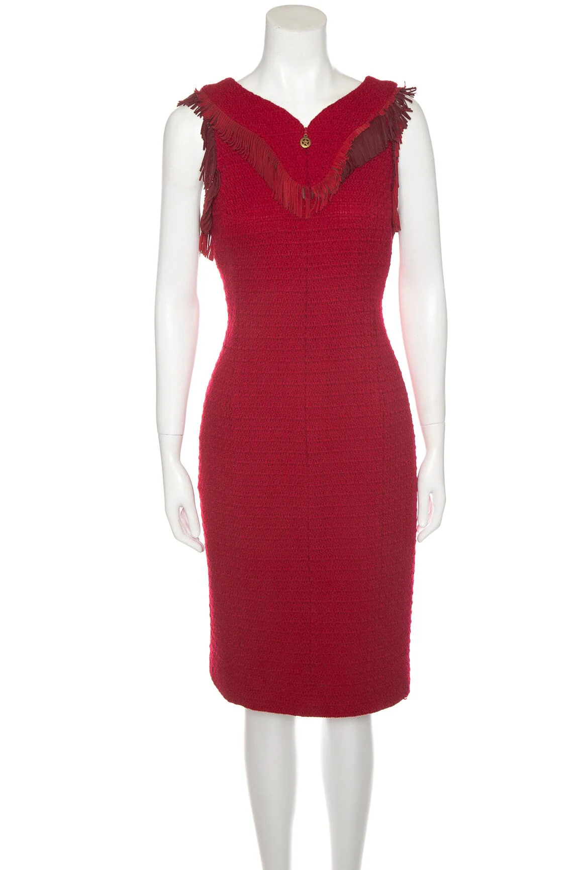 Chanel Red Tweed Sleeveless Knee Length Fringe Collar Dress SZ 42