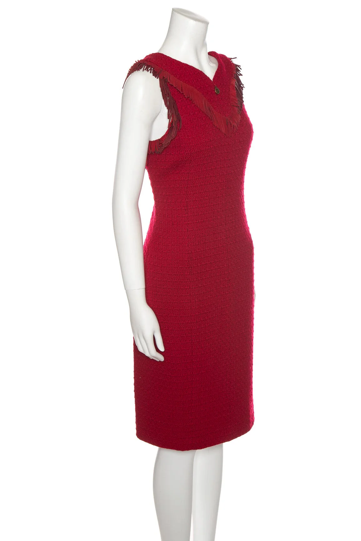 Chanel Red Tweed Sleeveless Knee Length Fringe Collar Dress SZ 42 - Image 2