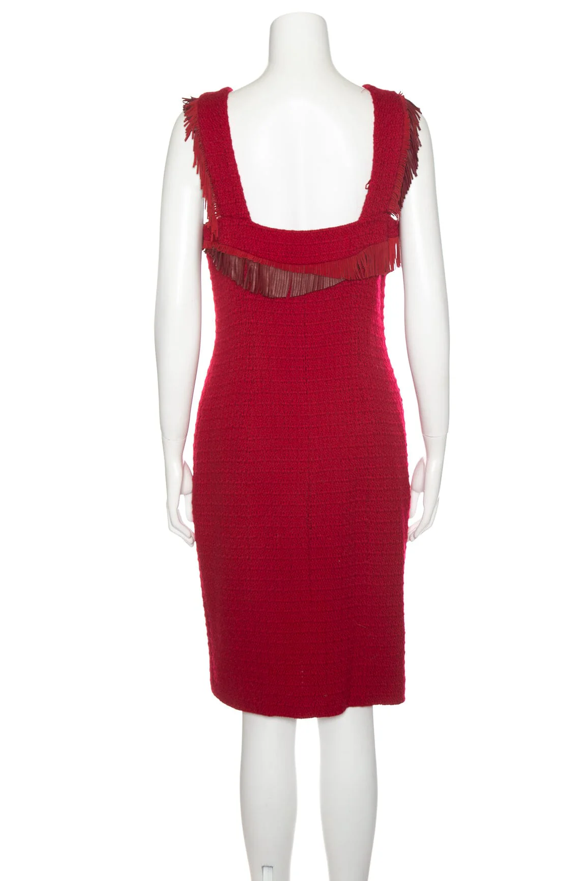 Chanel Red Tweed Sleeveless Knee Length Fringe Collar Dress SZ 42 - Image 3