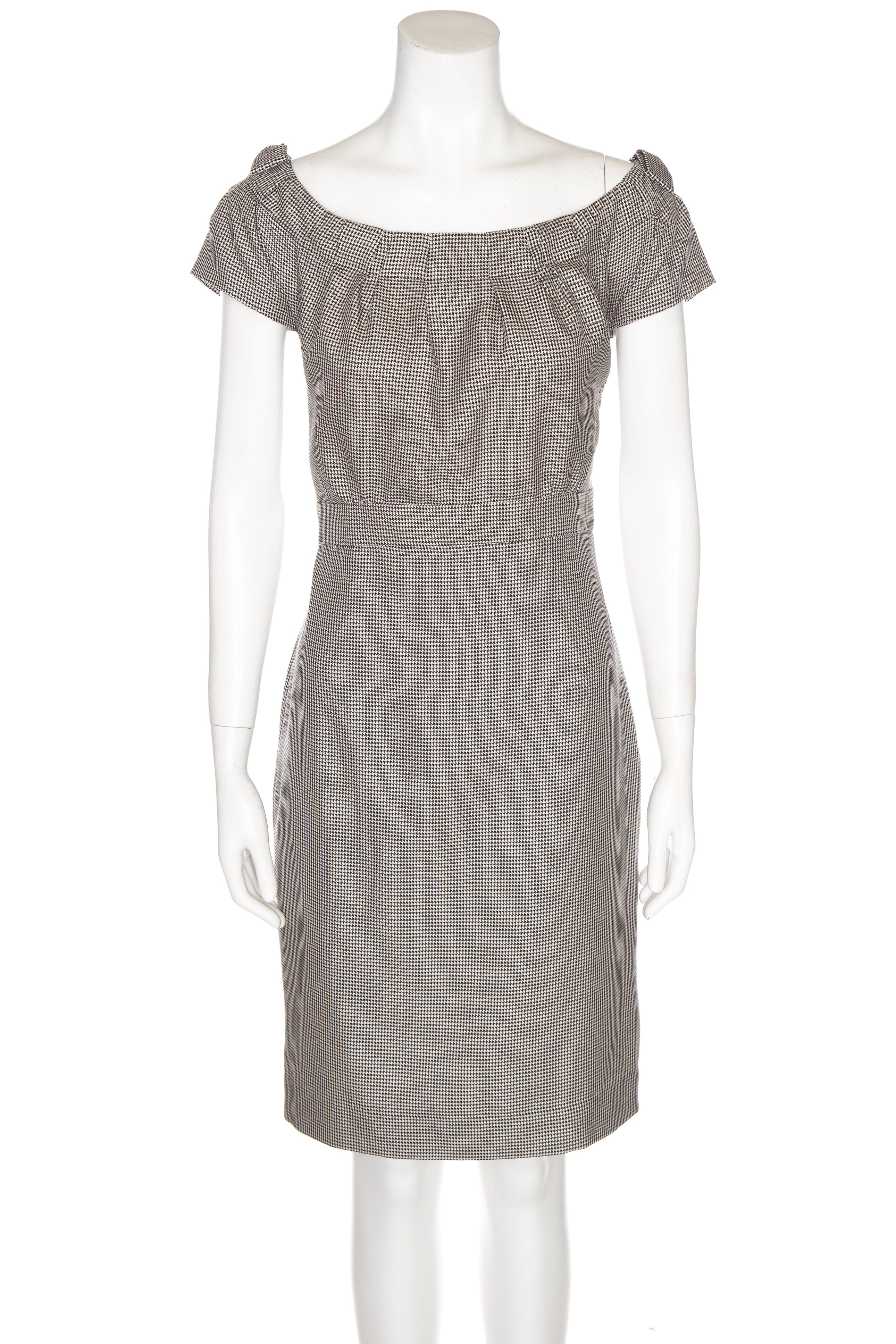 Christian Dior Black and Cream Houndstooth Off the Shoulder Knee Length Dress SZ 10