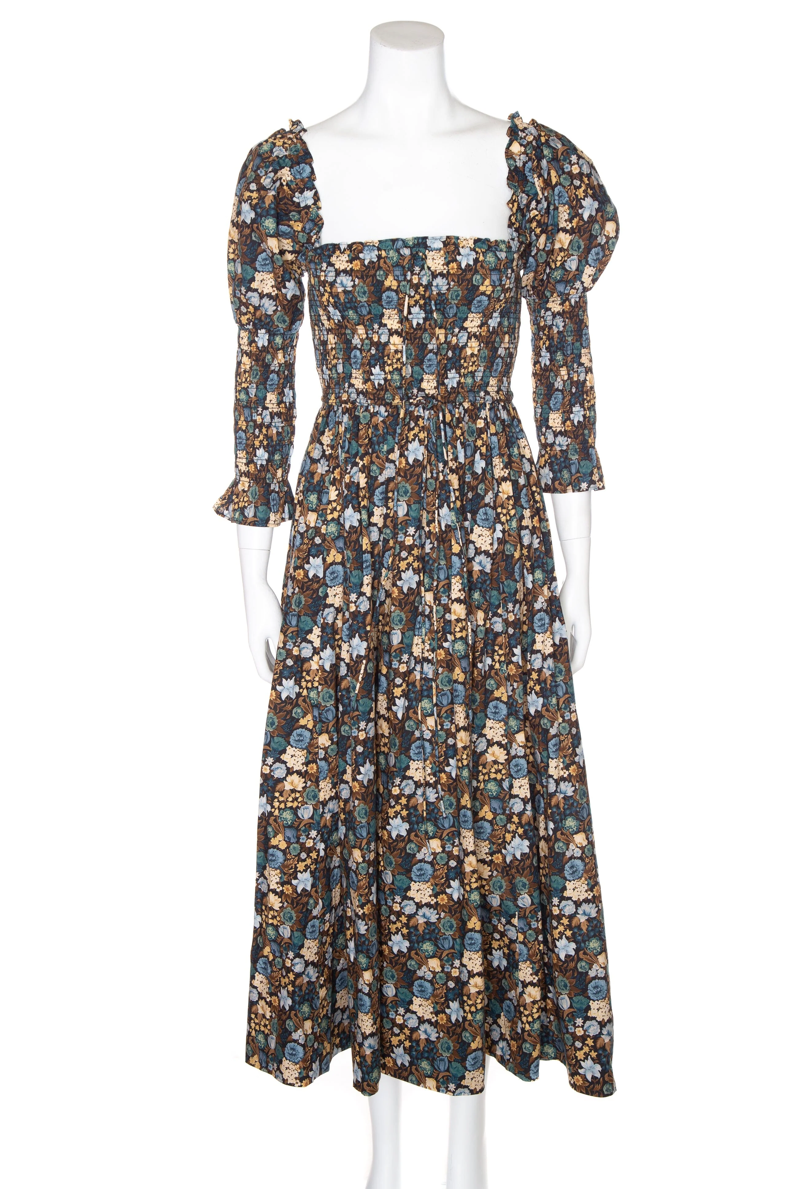 Doen Brown and Blue Floral Print Midi Dress SZ XL