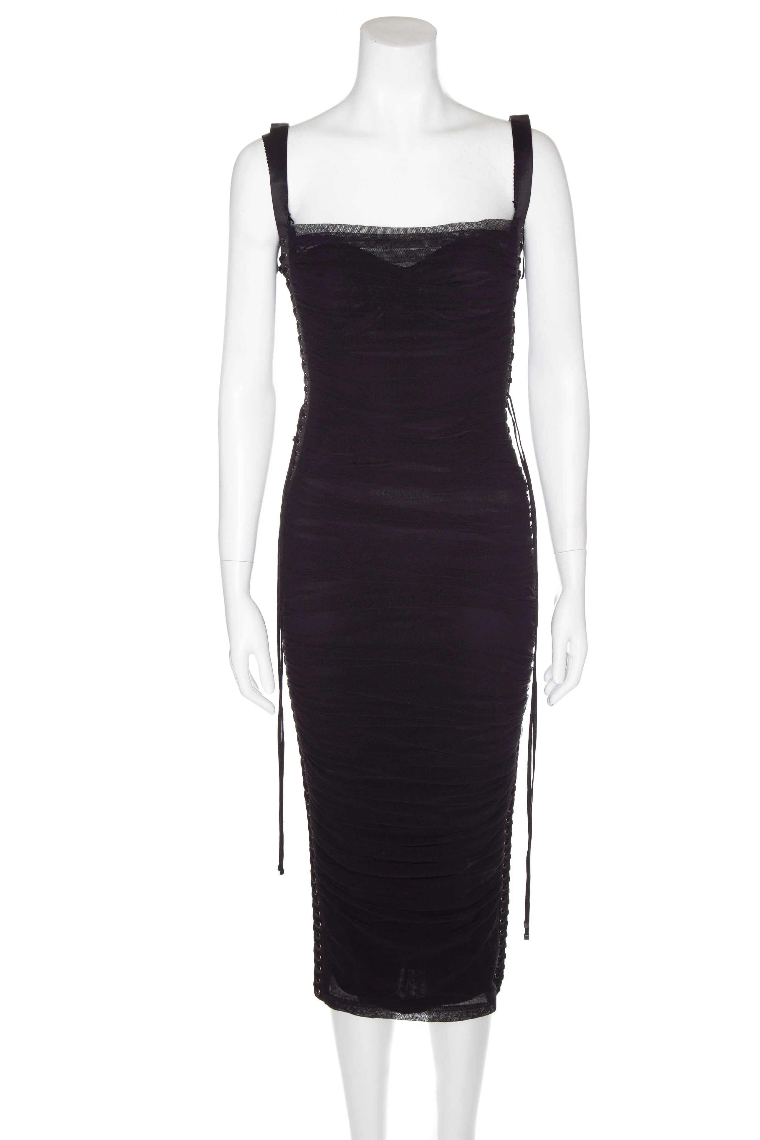 Dolce & Gabbana Black Ruched Mesh Midi Dress SZ 36