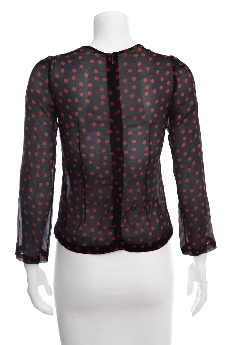 Dolce & Gabbana Red & Black Long Sleeve Sheer Polka Dot Blouse SZ 38 - Image 3