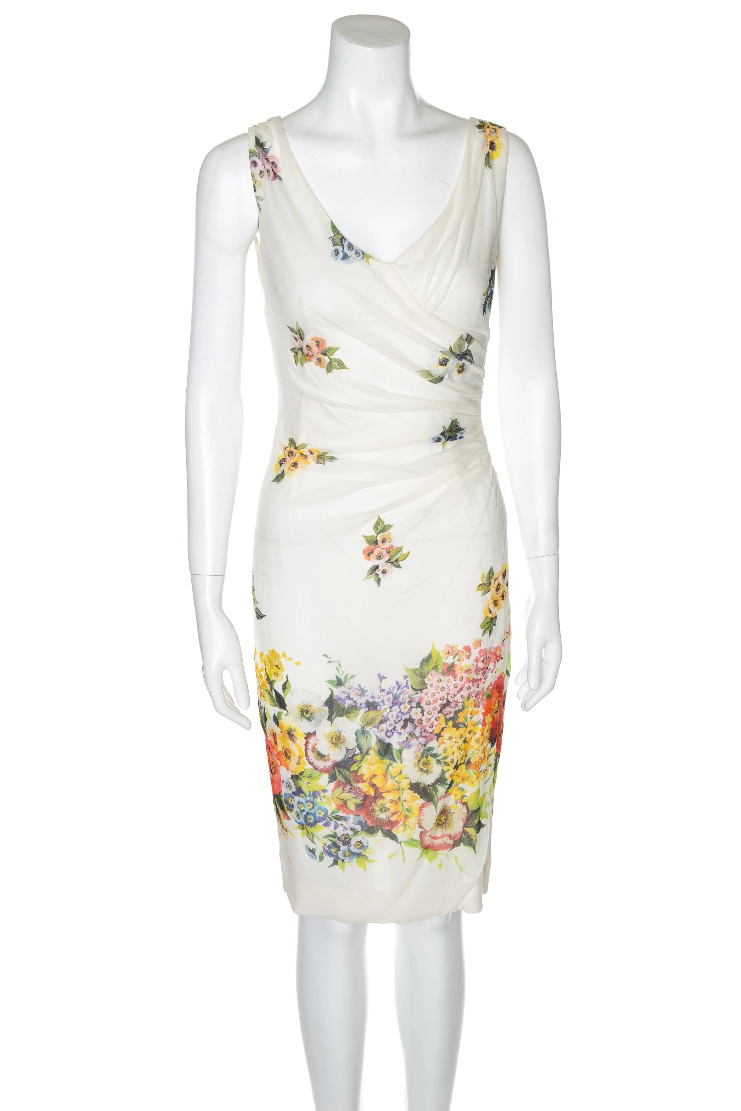 Dolce & Gabbana White Multi Floral Midi V-Neck Sleeveless Dress SZ 40