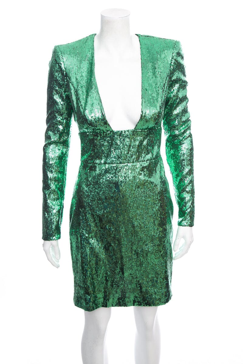 Dundas Green Sequin Open Back Long Sleeve Dress SZ 40