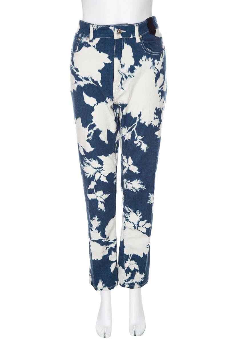 Erdem White and Blue Floral Print Straight Leg Jeans SZ L