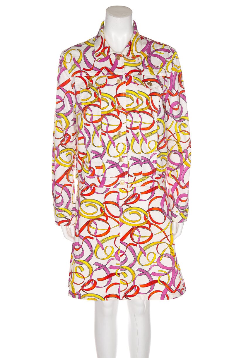 Escada White & Multi Color Ribbon jacket & Skirt Set SZ 40