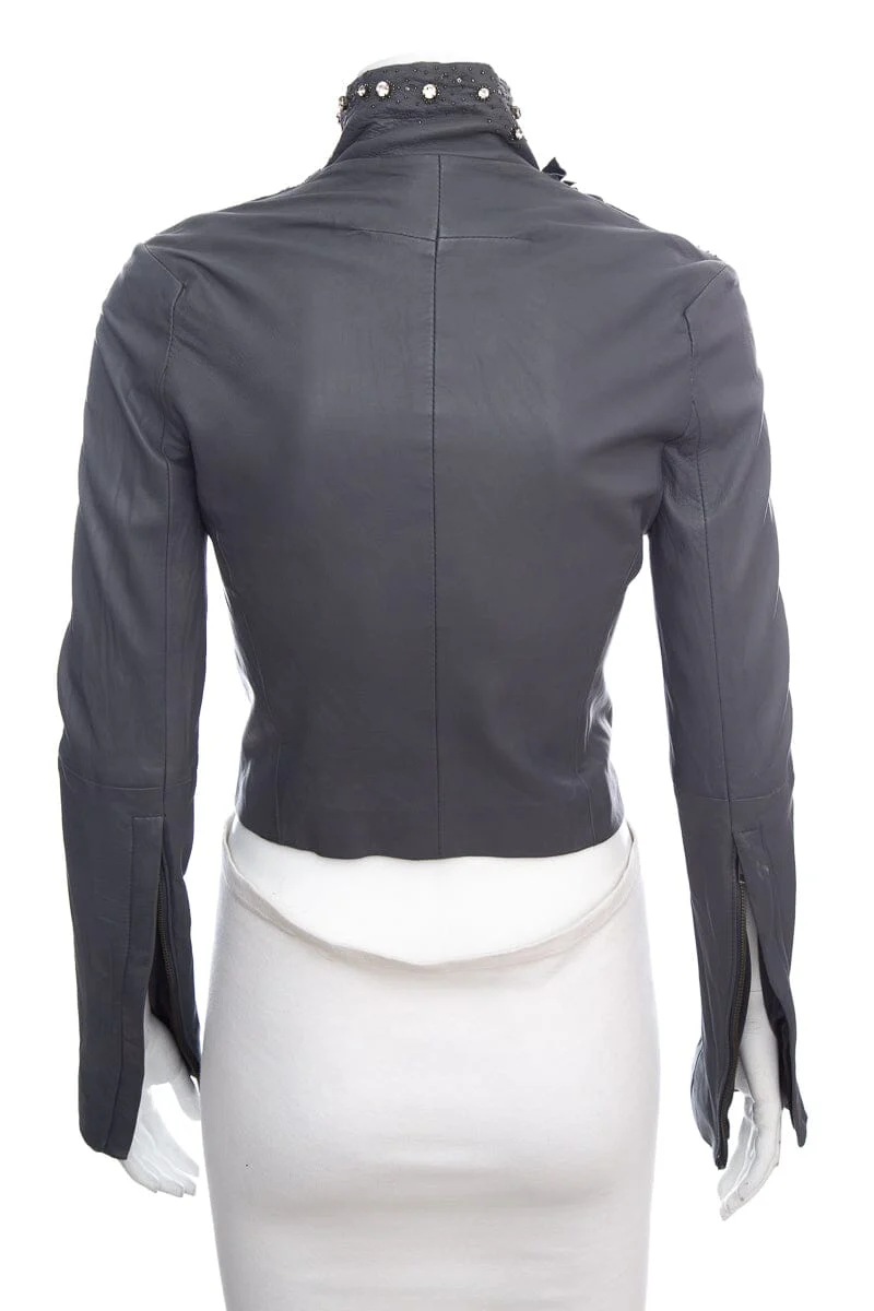 Givenchy Gray Leather Mesh & Embellished Moto Jacket SZ 38 - Image 3