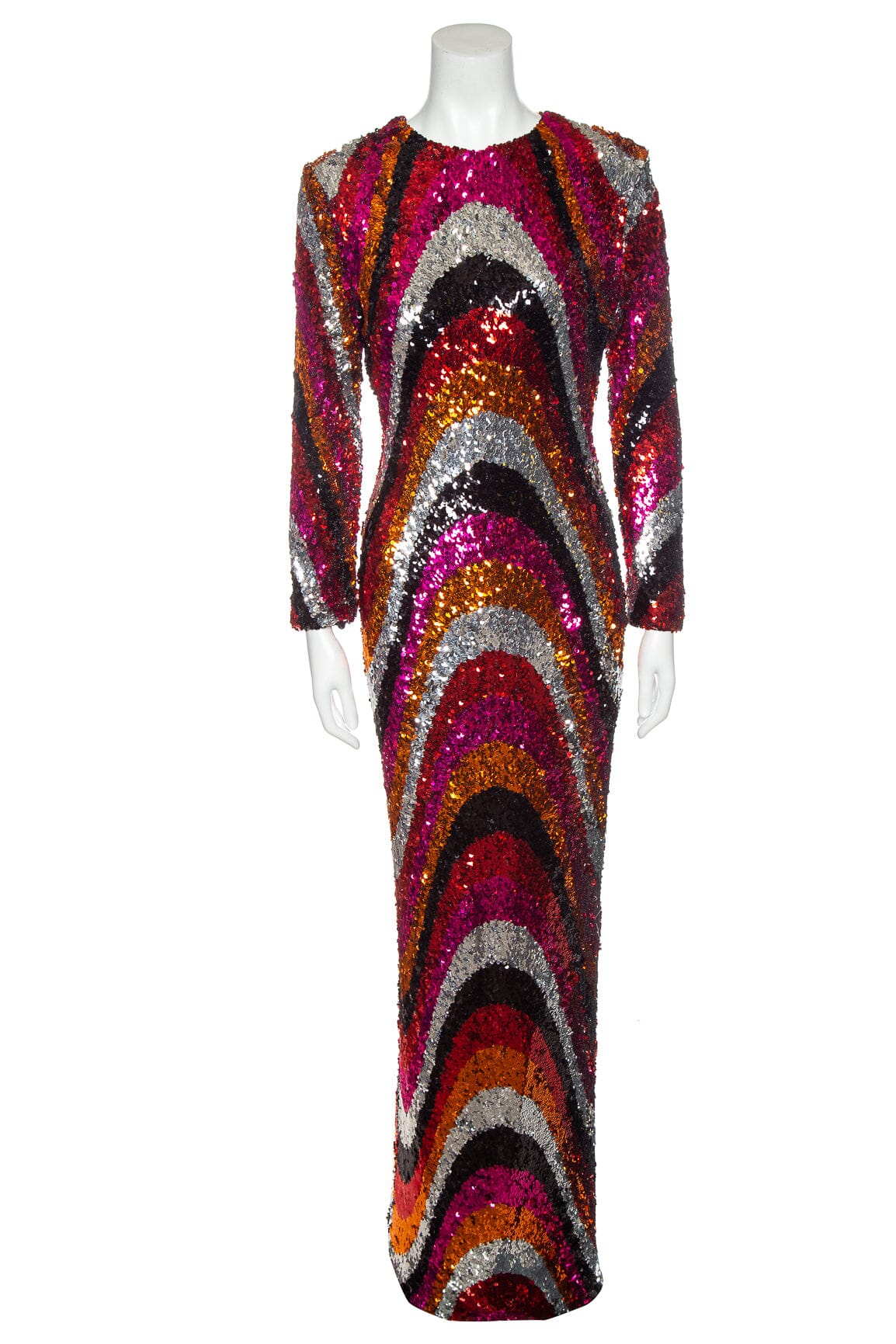 Halpern Pink and Multi Sequined L/S Maxi Dress SZ N/A