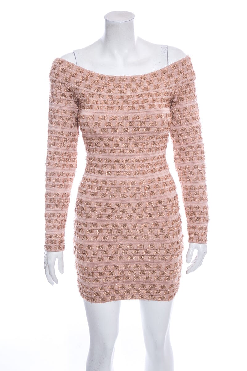 Herve Leger Nude Off the Shoulder Mini Dress SZ S NWT