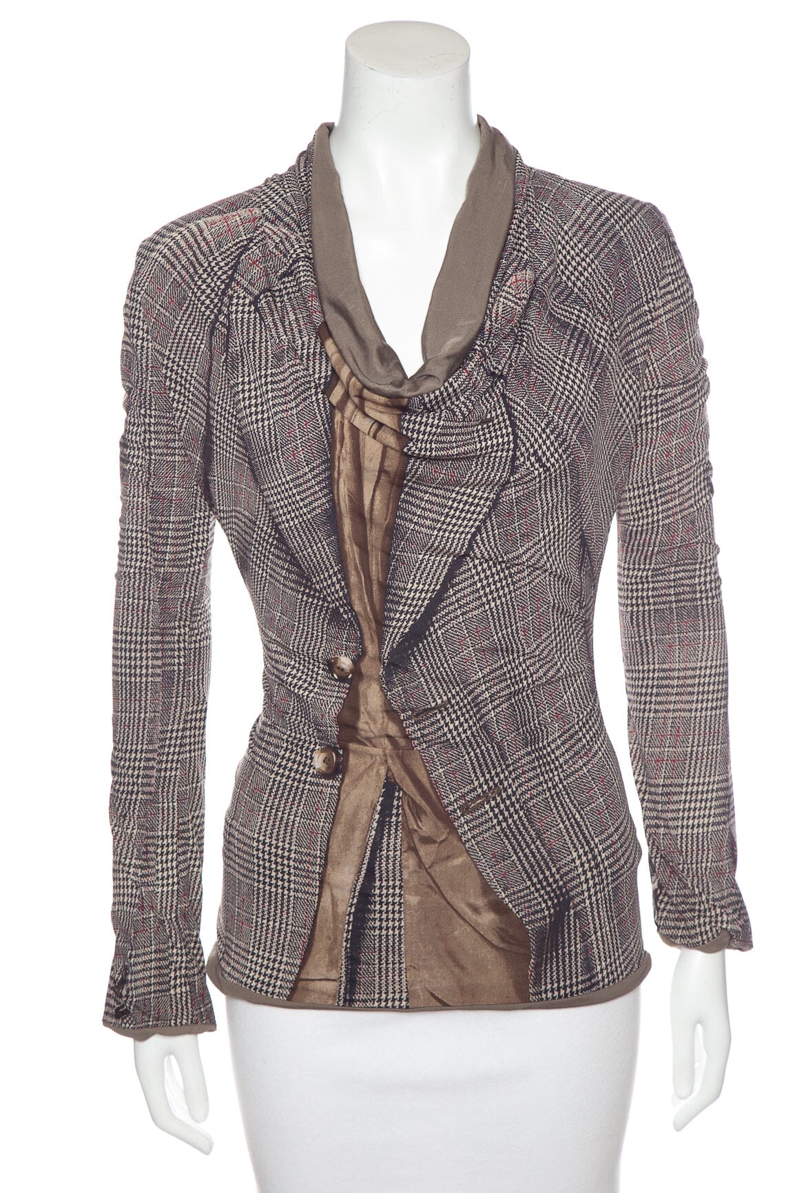 Jean Paul Gaultier Grey Plaid Cowl Neck Top SZ M