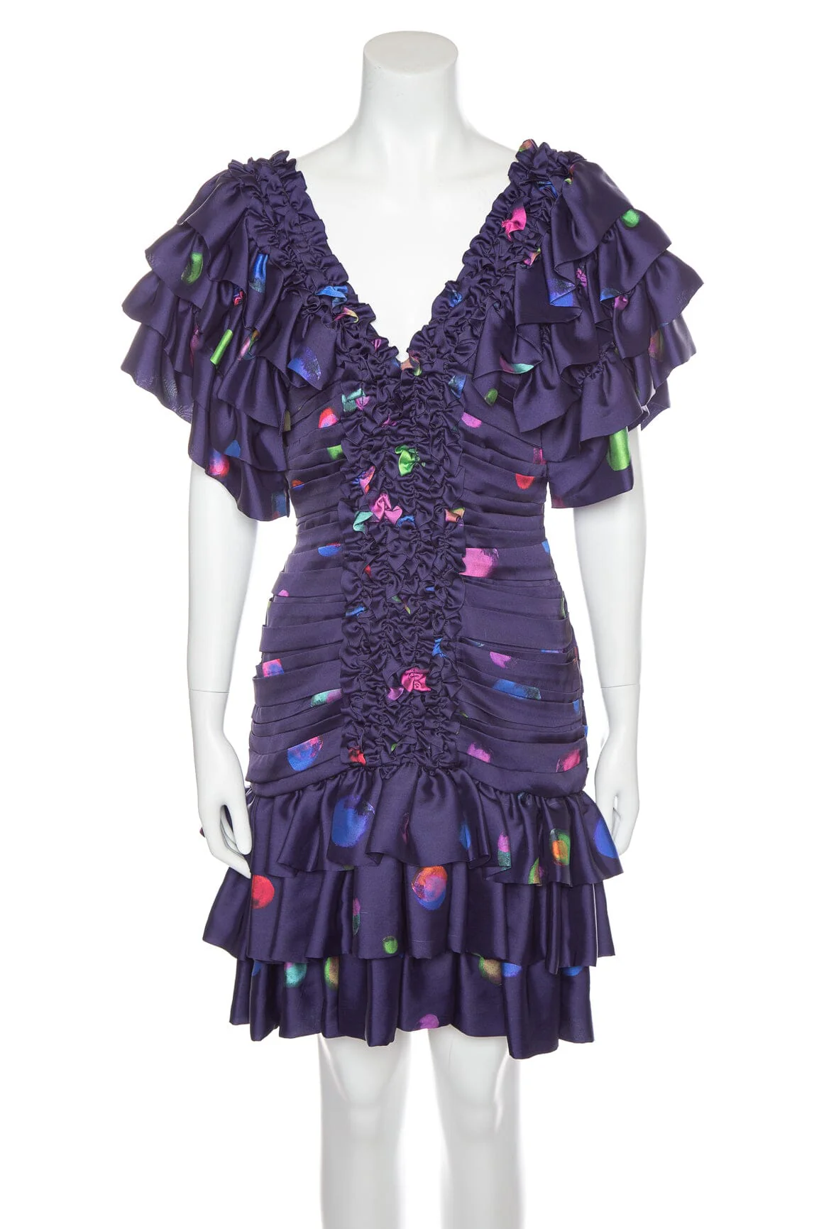 koche Navy Blue & Multi Printed Ruffle Rouche Front Dress SZ 40