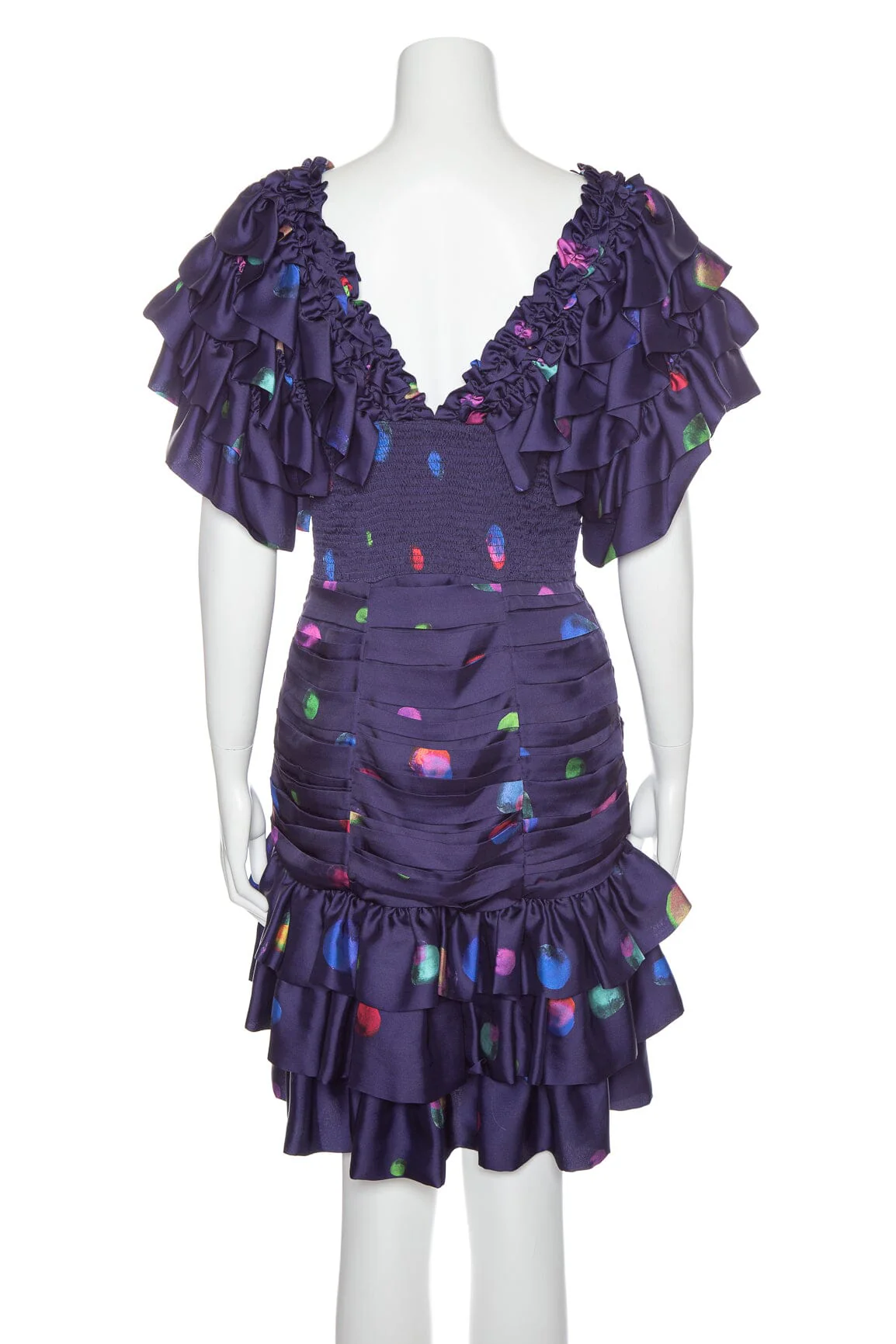 koche Navy Blue & Multi Printed Ruffle Rouche Front Dress SZ 40 - Image 3