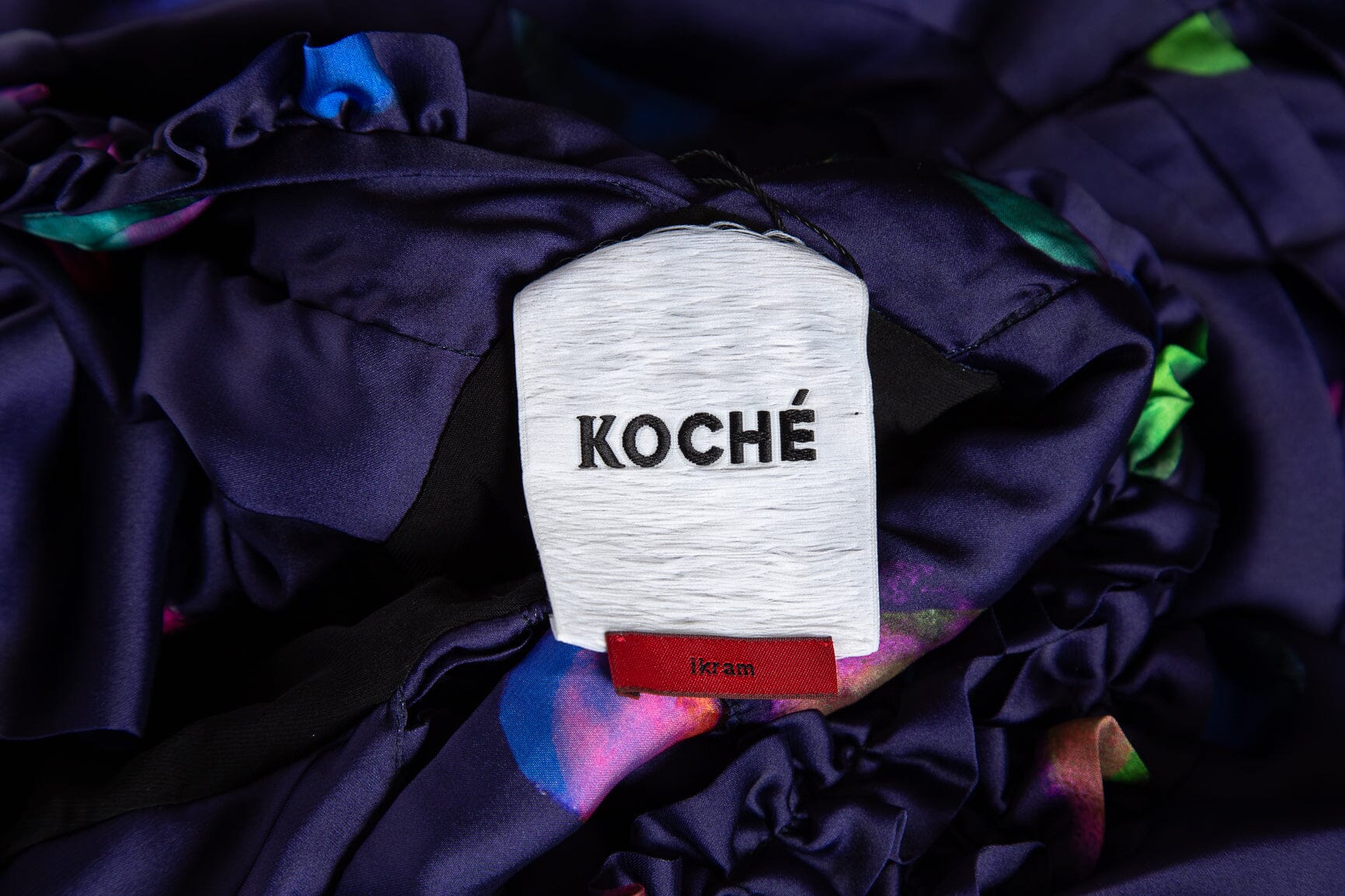 koche Navy Blue & Multi Printed Ruffle Rouche Front Dress SZ 40 - Image 4
