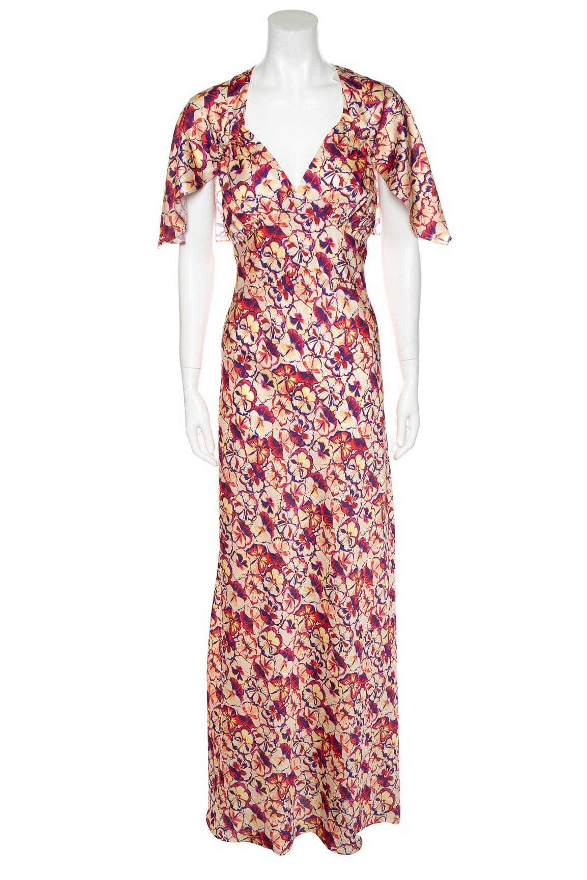 Paco Rabanne "Sunny" Red & Purple Pansy Print Maxi Dress SZ 34 NWT