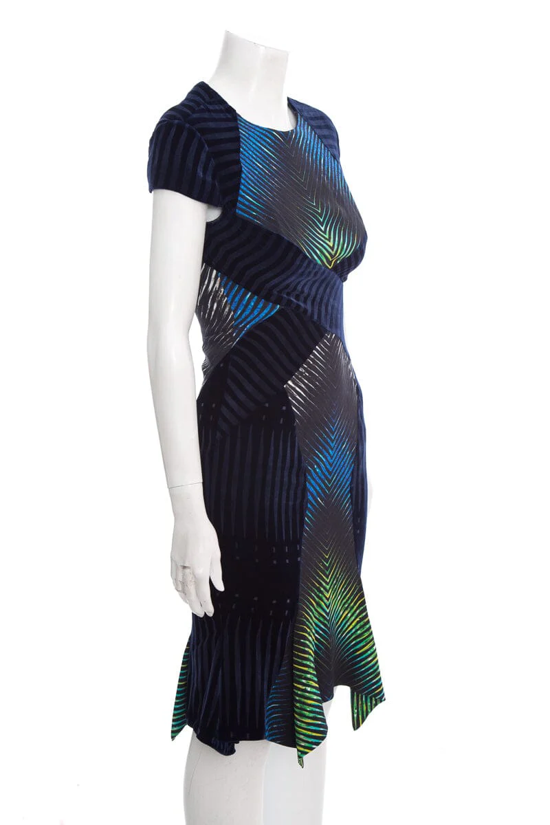 Peter Pilotto Blue Stripe and Velvet Short Sleeve Dress SZ 6 - Image 2