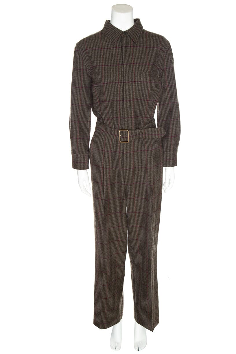 Ralph Lauren Purple Label Green Plaid Button Up Belted Jumpsuit