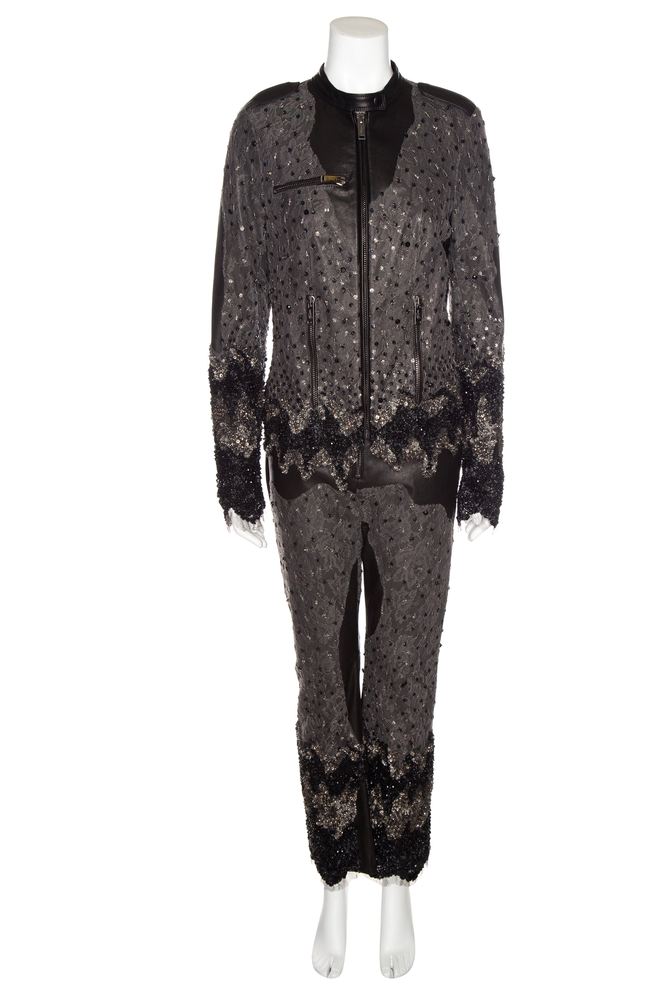 Redemption Black and Grey Leather Lace Embellished Jacket and Pant Set SZ S/M