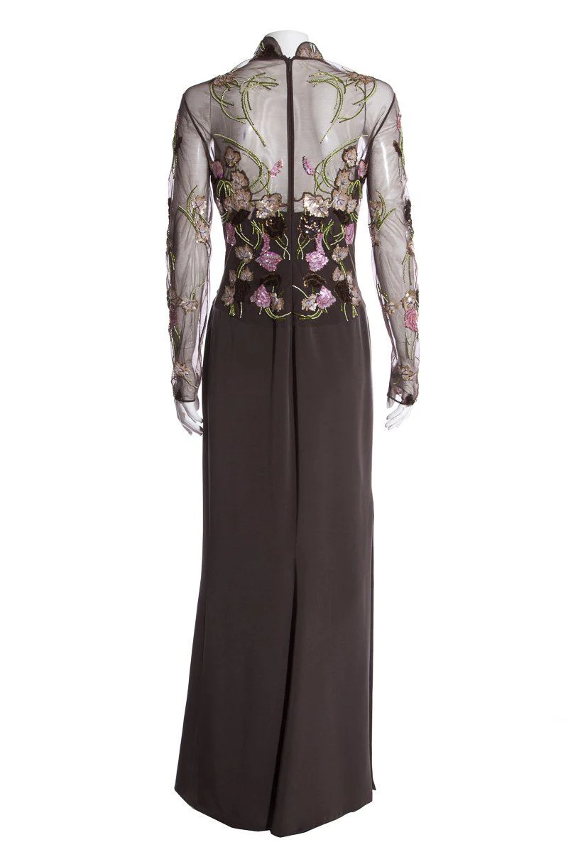 Reem Acra Grey Multi Color Sequin Floral Evening Gown SZ S/M - Image 3