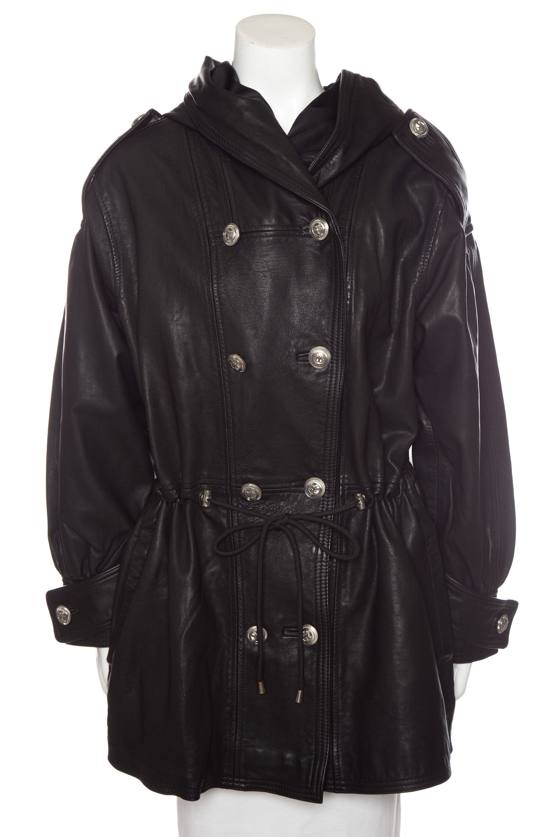 Retrofete Black Leather Double Breasted Hooded Coat SZ M NWT