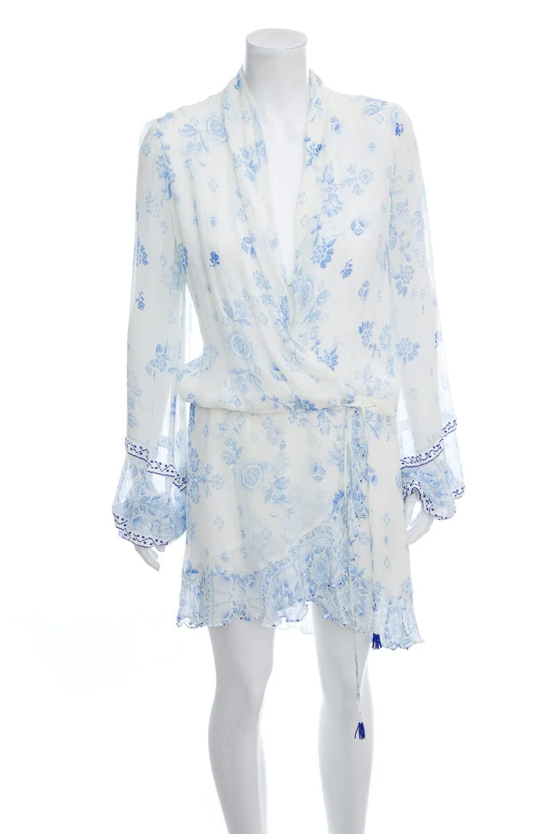Rococo Sand White & Blue Paisley Silk Dress SZ S