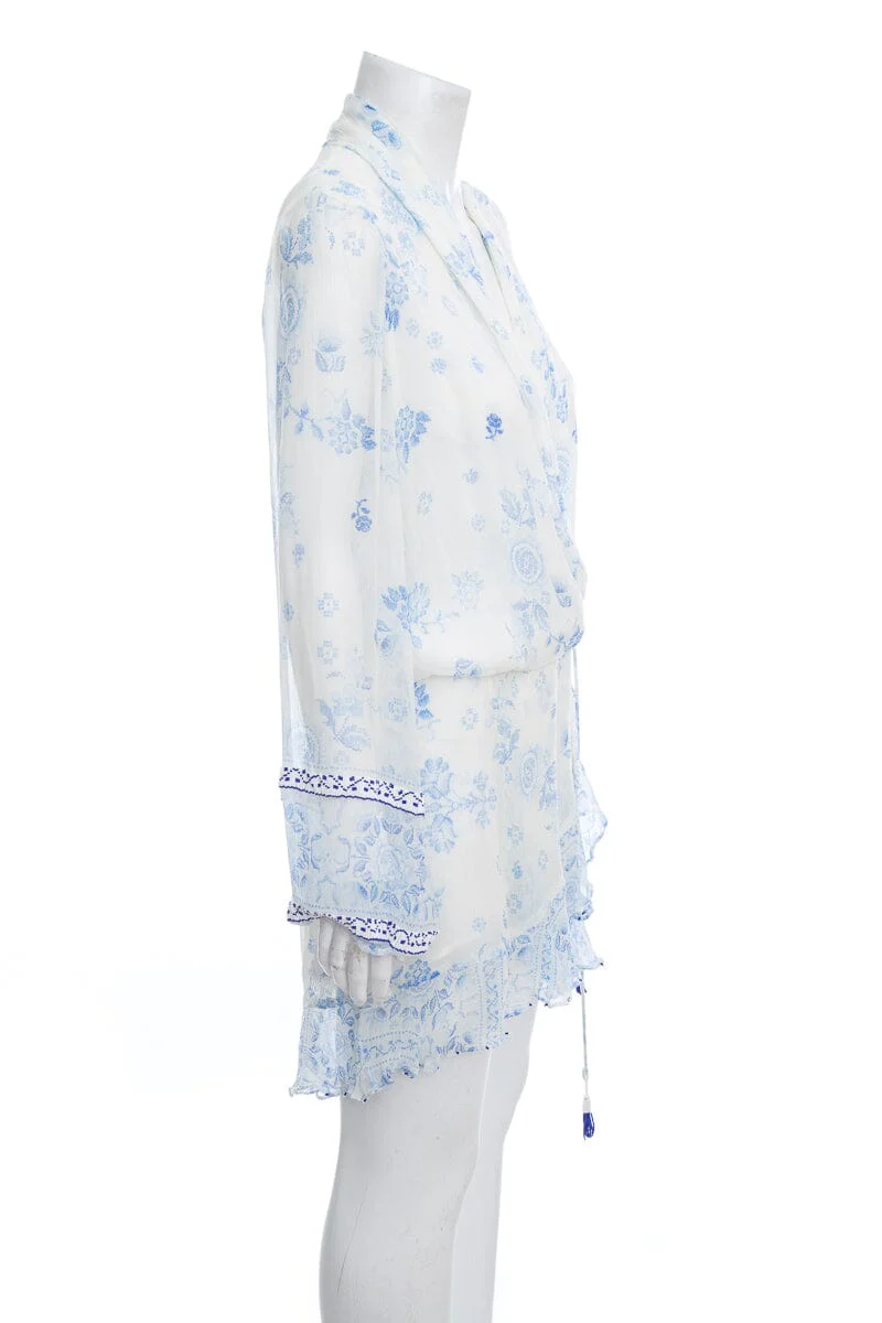 Rococo Sand White & Blue Paisley Silk Dress SZ S - Image 2