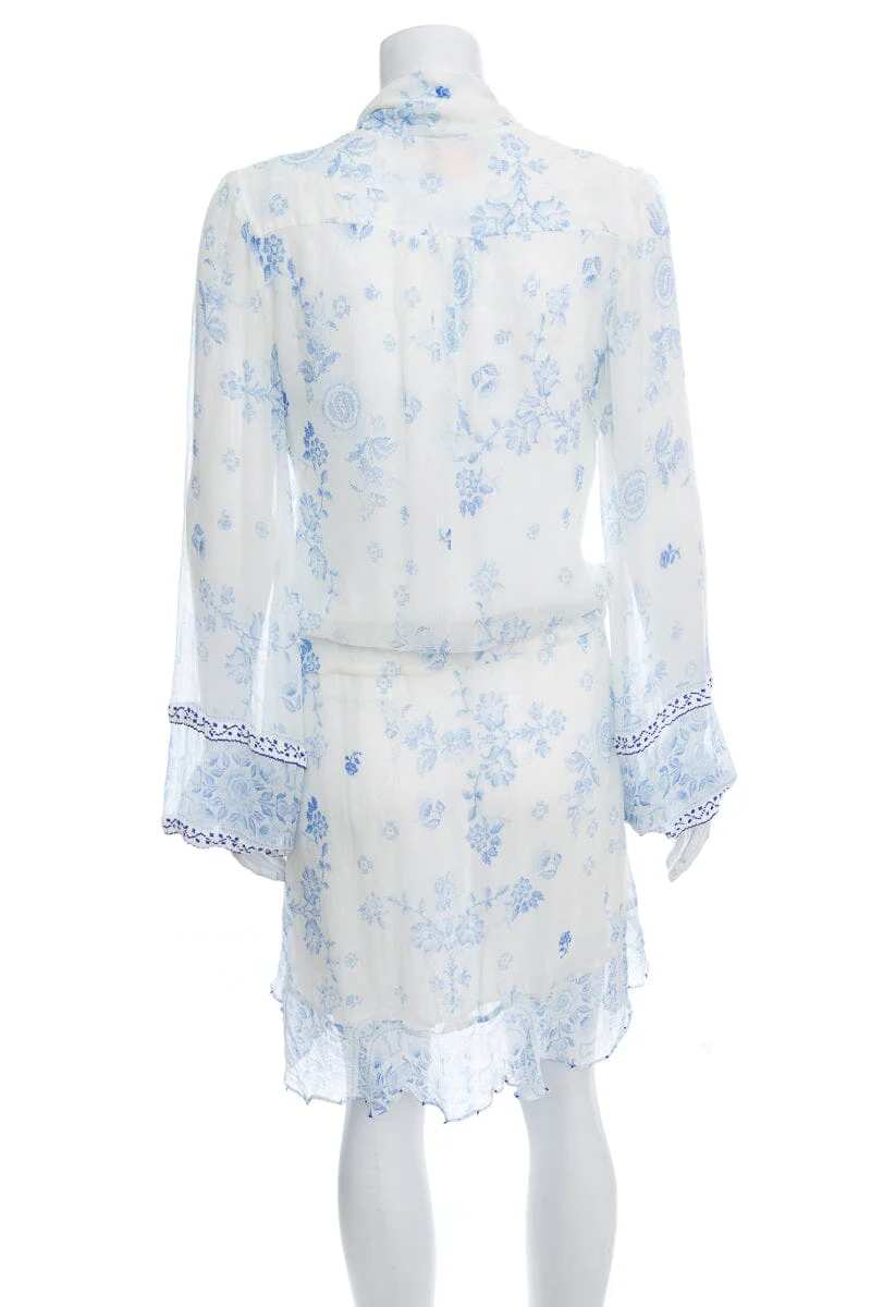 Rococo Sand White & Blue Paisley Silk Dress SZ S - Image 3