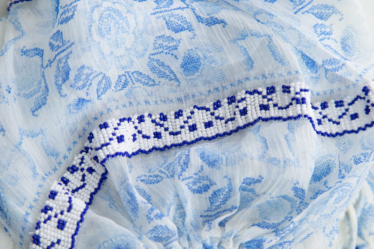 Rococo Sand White & Blue Paisley Silk Dress SZ S - Image 4