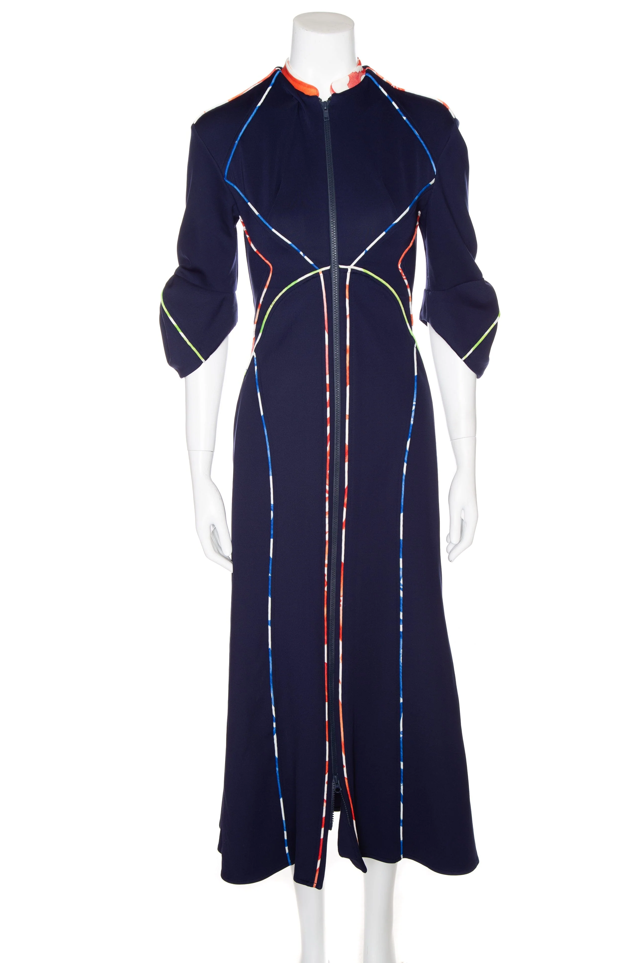 Rosie Assoulin Navy Multi Open Back Maxi Zip Down Dress SZ 4