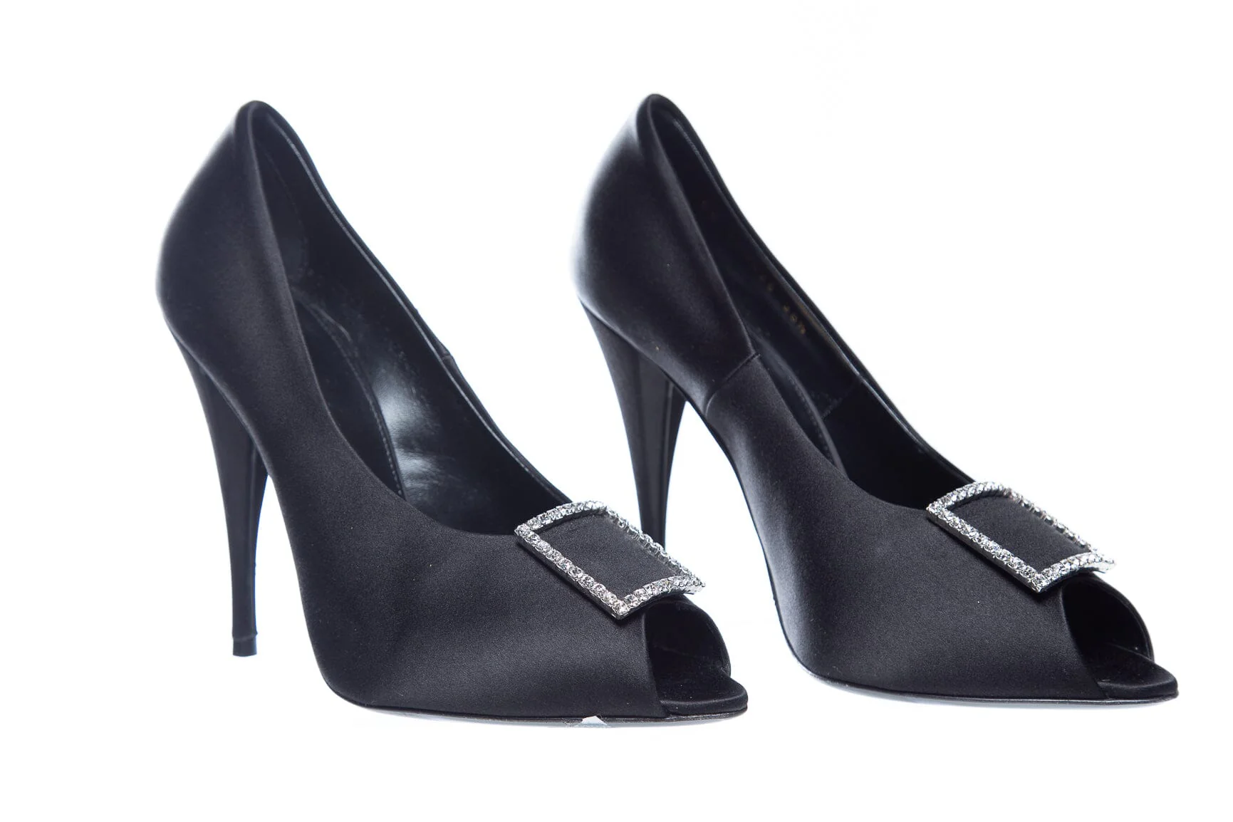 Saint Laurent Black Satin Peep Toe Heels SZ 38.5 - Image 3